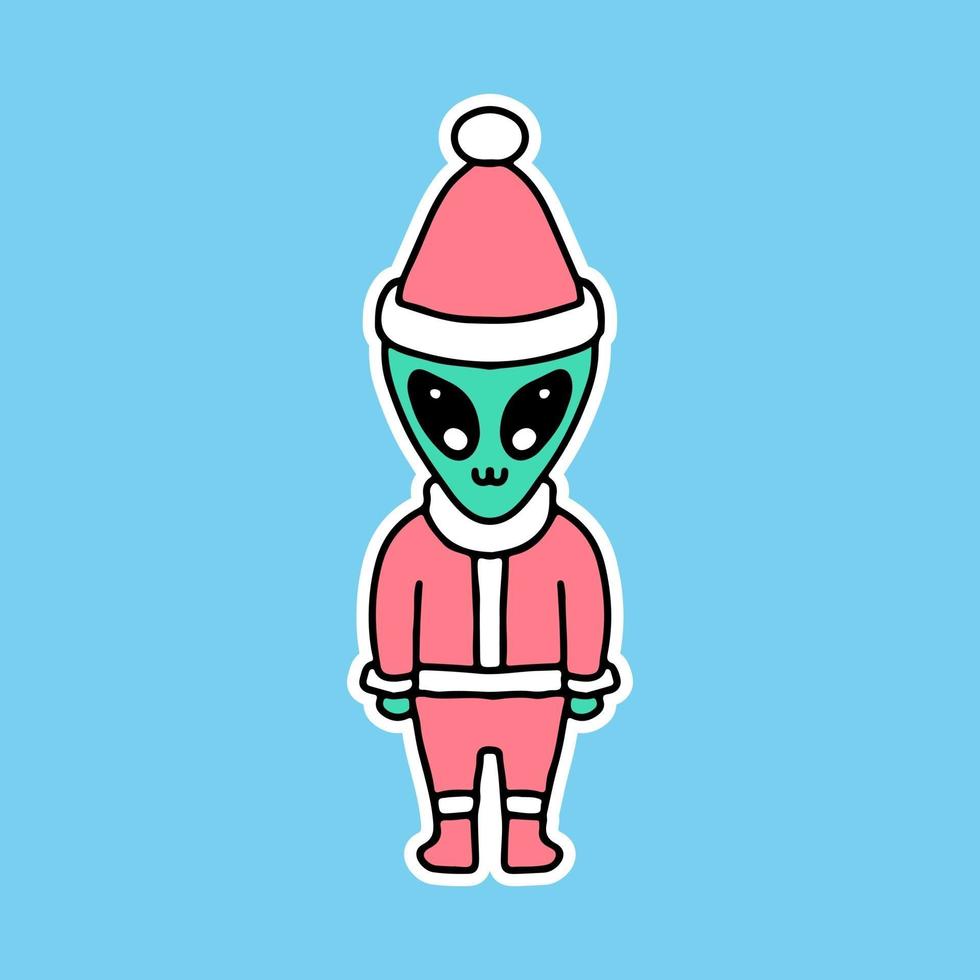 simpatico alieno con costume da babbo natale, illustrazione di cartoni animati per adesivi vettore