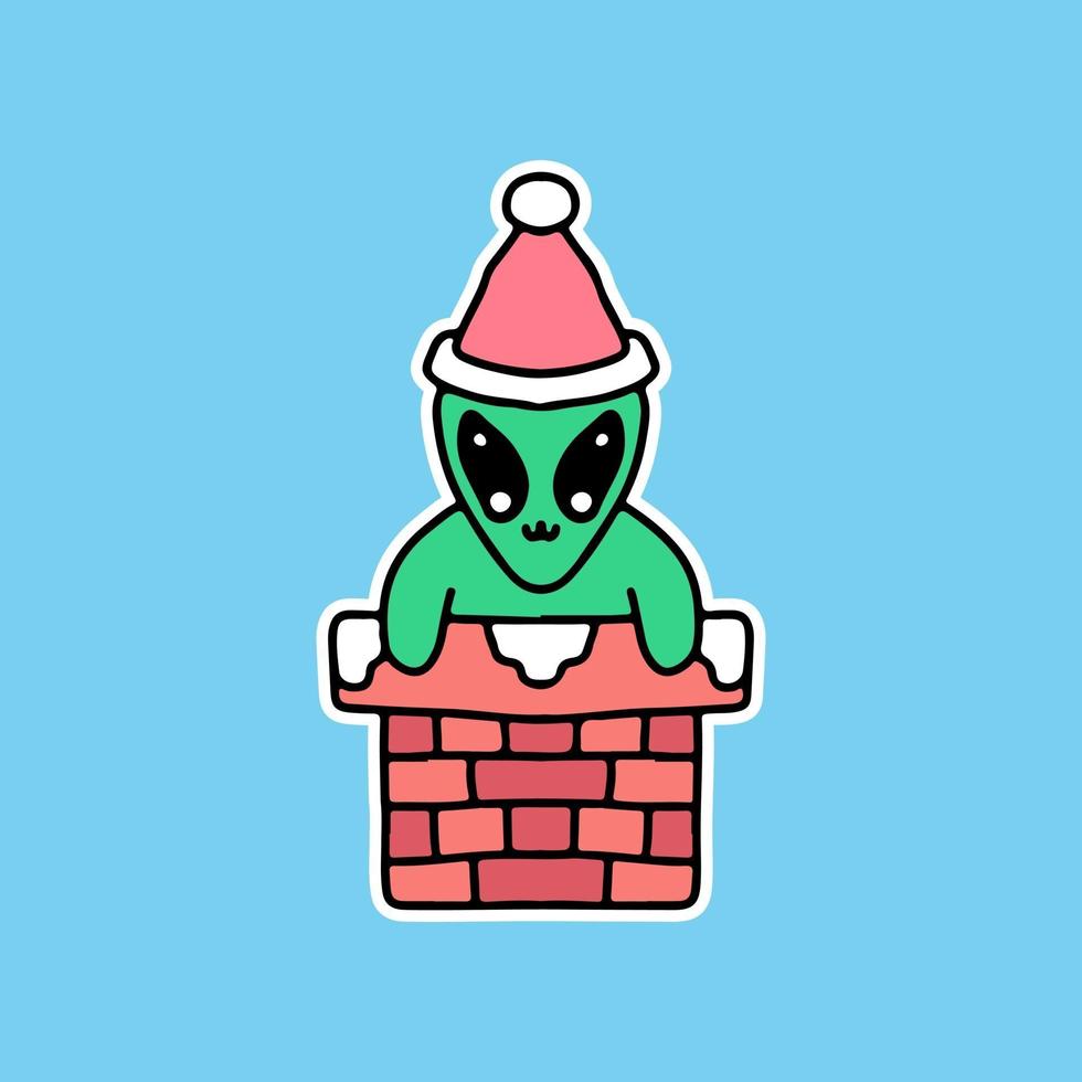 piccolo alieno che indossa un cappello da Babbo Natale nel camino, per adesivi vettore