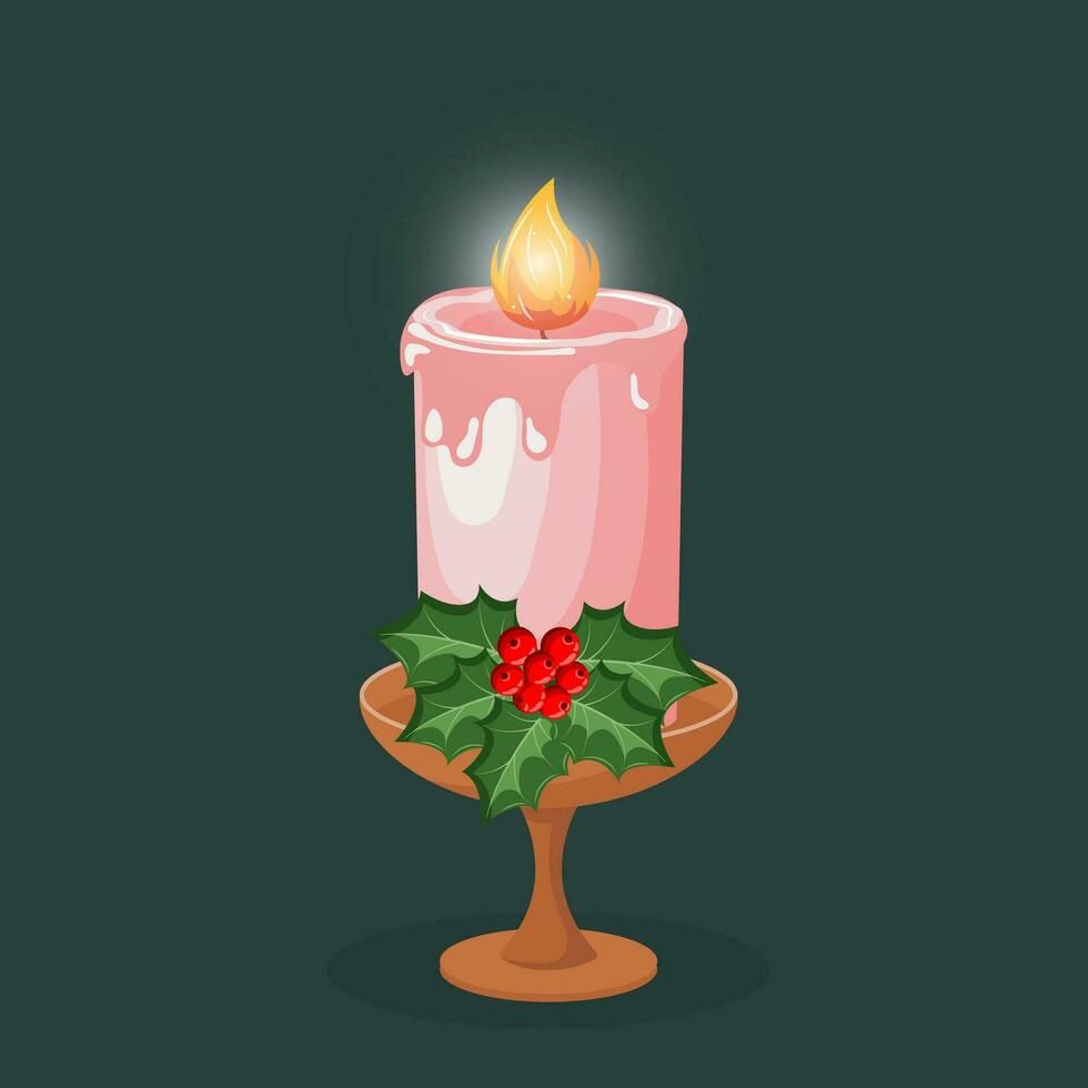 Natale illustrazione, ardente candela, agrifoglio e rosso frutti di bosco. cartolina, sfondo, vettore