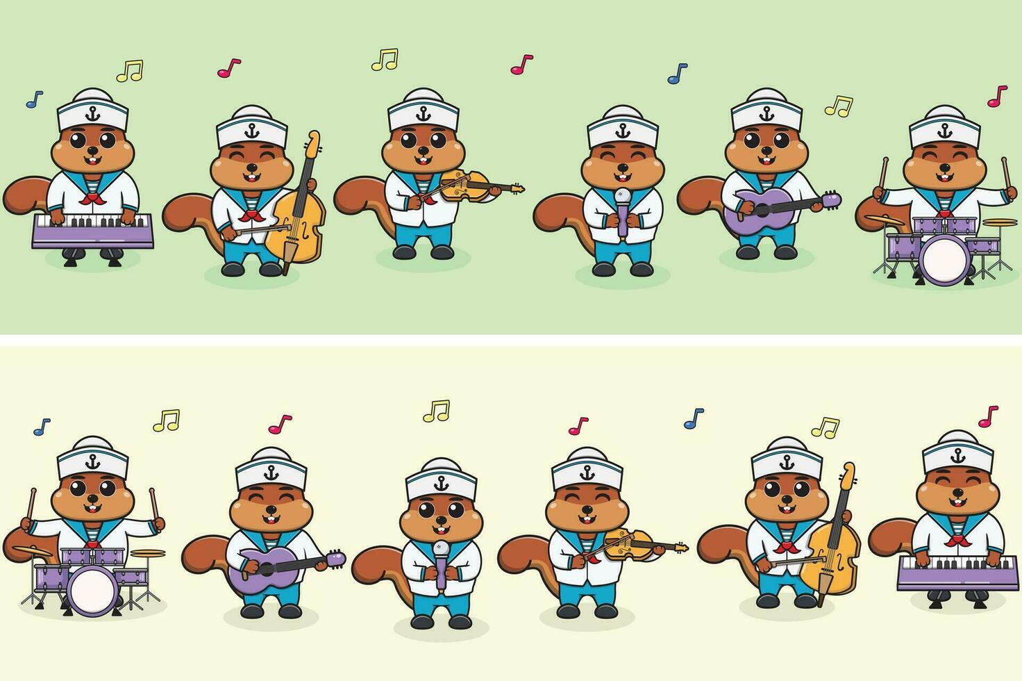 vettore illustrazione di carino scoiattolo marinai musica gruppo musicale. grande impostato di carino animale cartone animato nel professioni. scoiattolo cartone animato piatto stile.