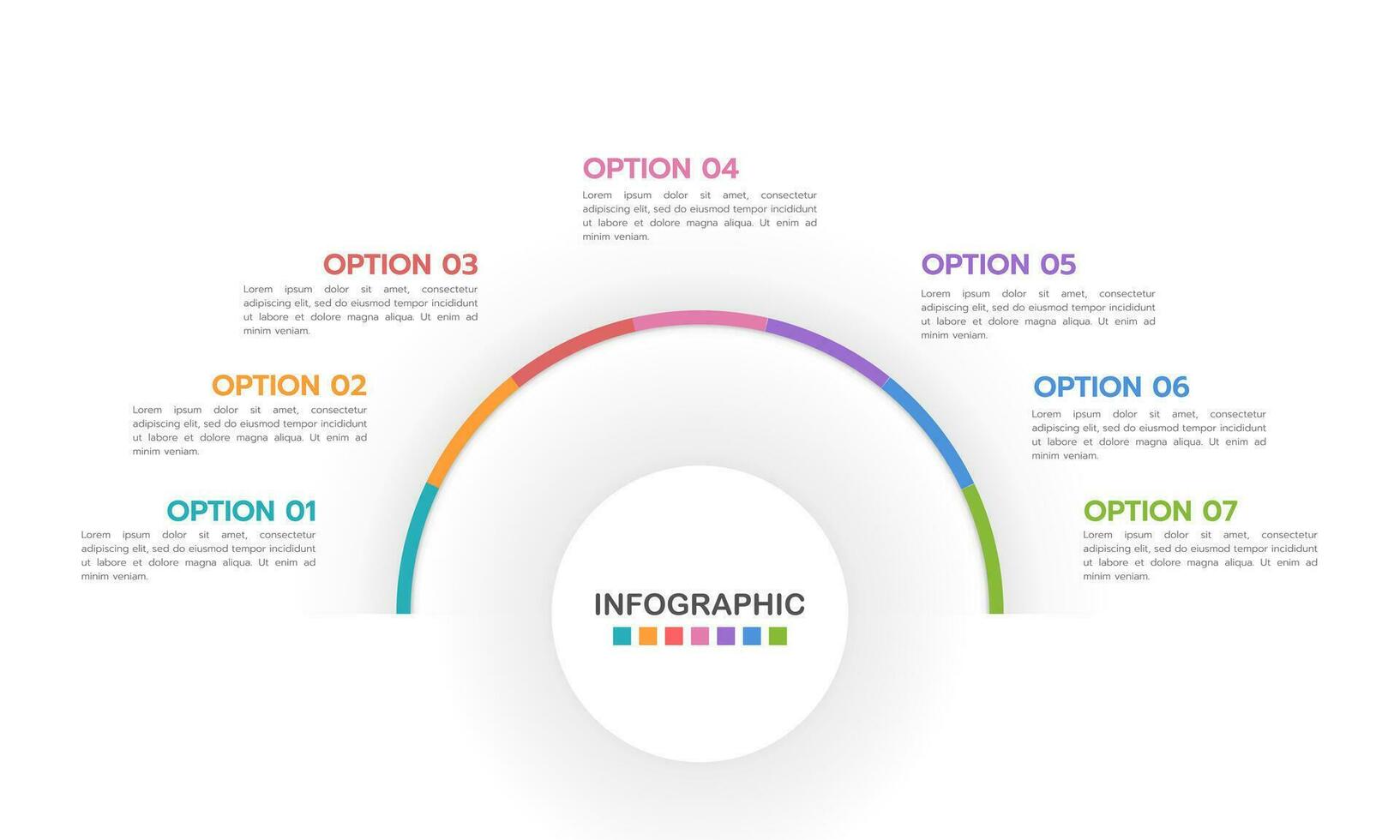 attività commerciale metà cerchio 7 processi Infografica per successo. vettore illustrazione.