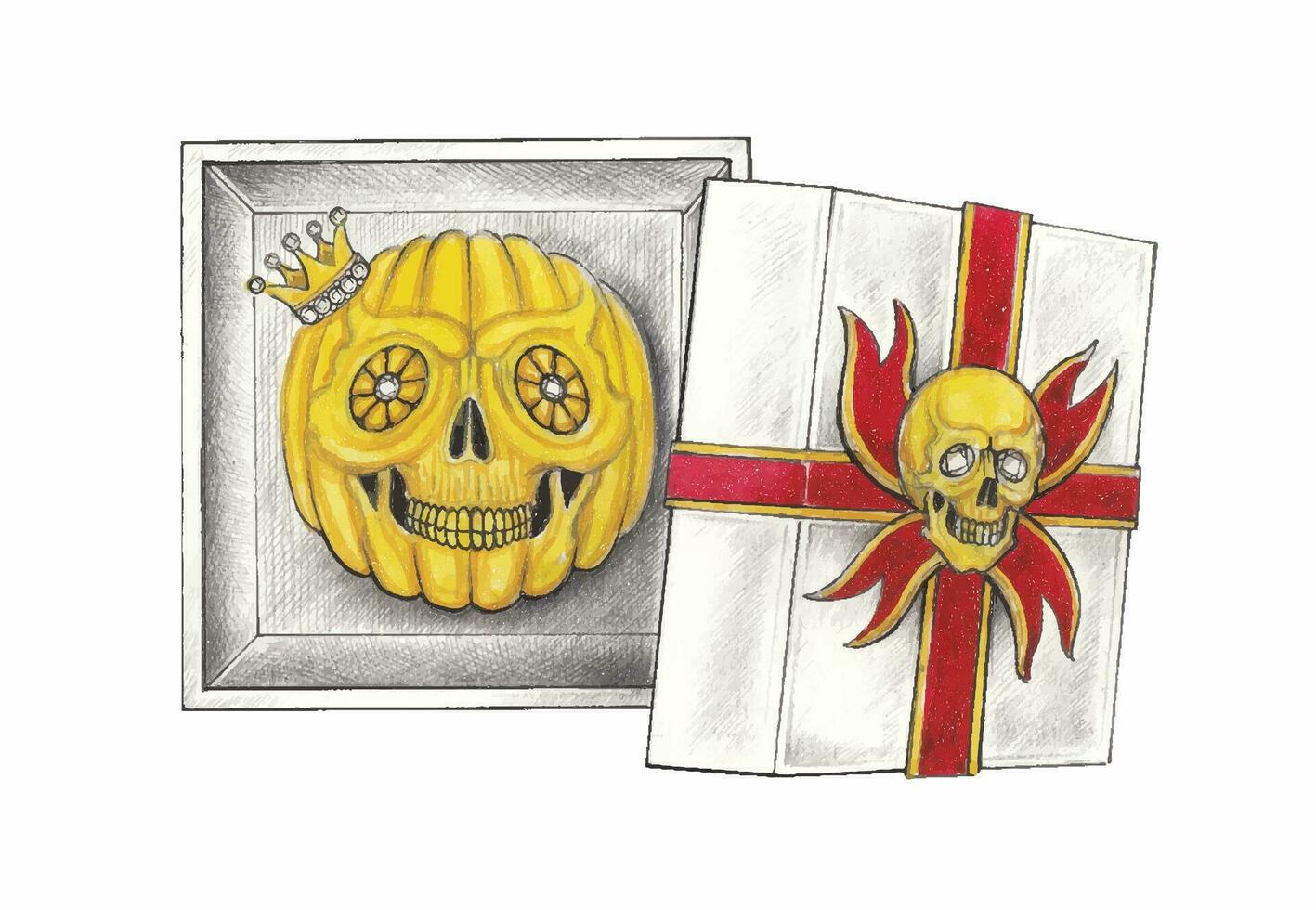 Halloween fantasia regalo scatola zucca e cranio mano disegno e pittura su carta rendere grafico vettore. vettore