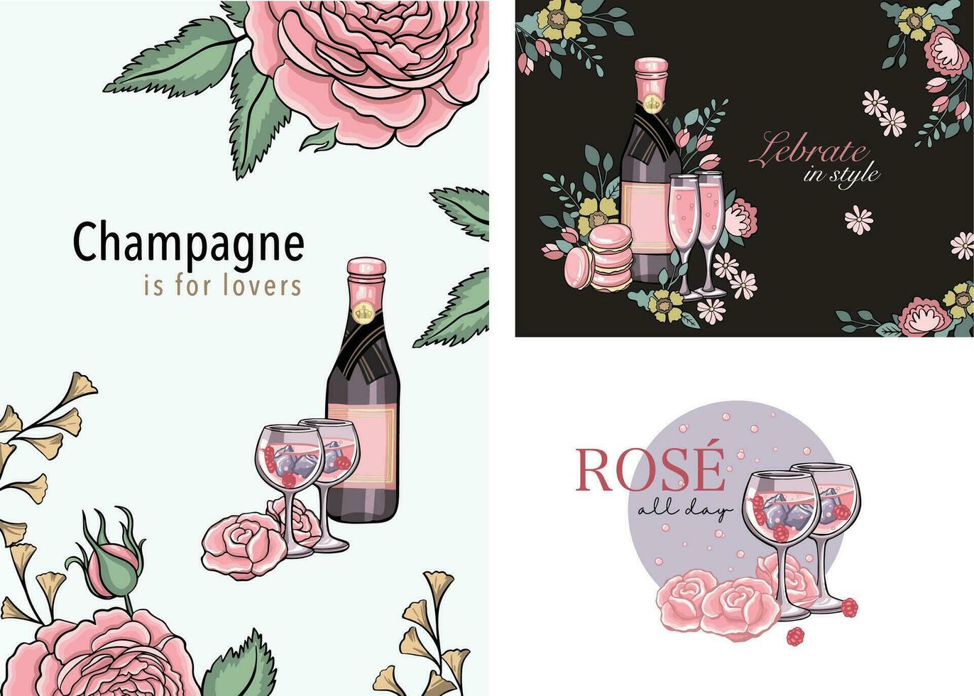 impostato di rosa Champagne romantico vacanza carte vettore