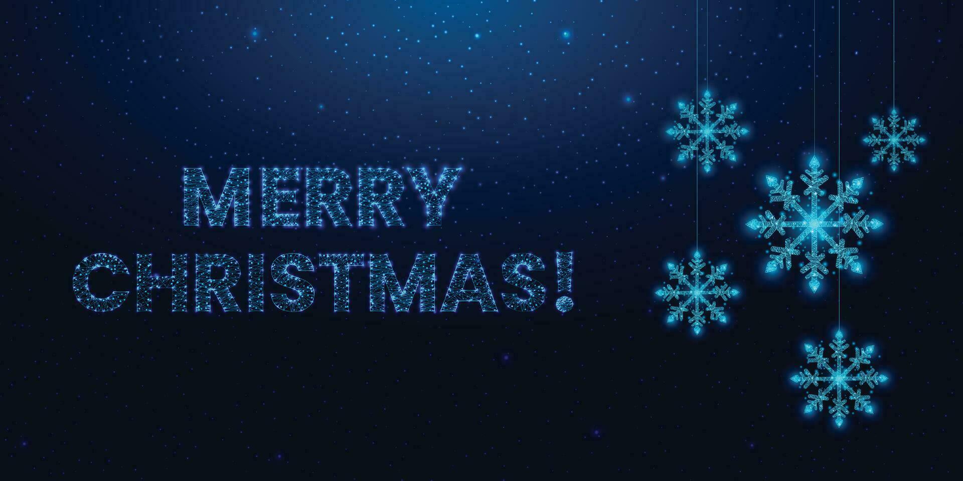 allegro Natale Basso poli striscione. poligonale wireframe maglia illustrazione con sospeso fiocchi di neve. astratto moderno vettore illustrazione su buio blu sfondo.