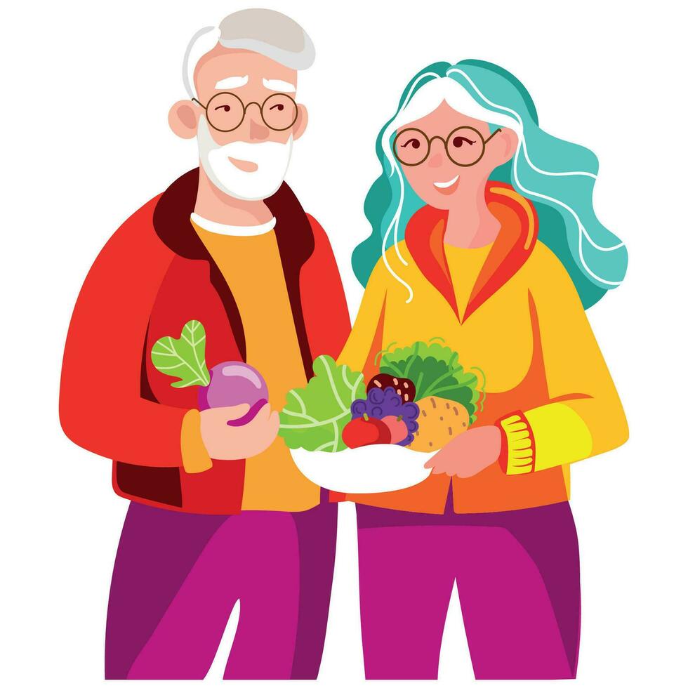 moderno anziano vegano coppia Tenere fresco verdure e frutta nel loro mani vettore illustrazione.sano mangiare per seniors.senior uomo e donna con molti diverso verdure isolato illustrazione