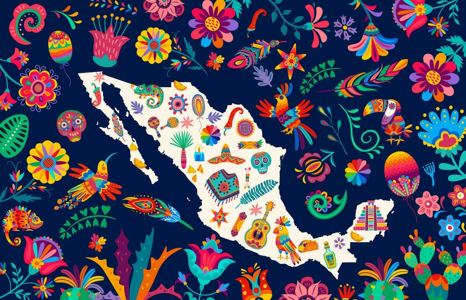 Messico carta geografica con tropicale fiori, animali, uccelli vettore
