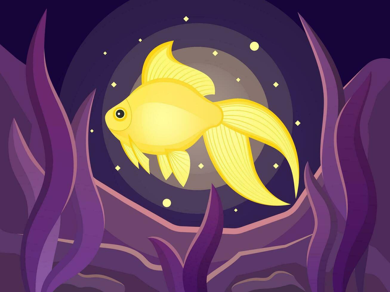 oro pesce nel mare, subacqueo vita, alghe. cartone animato vettore illustrazione