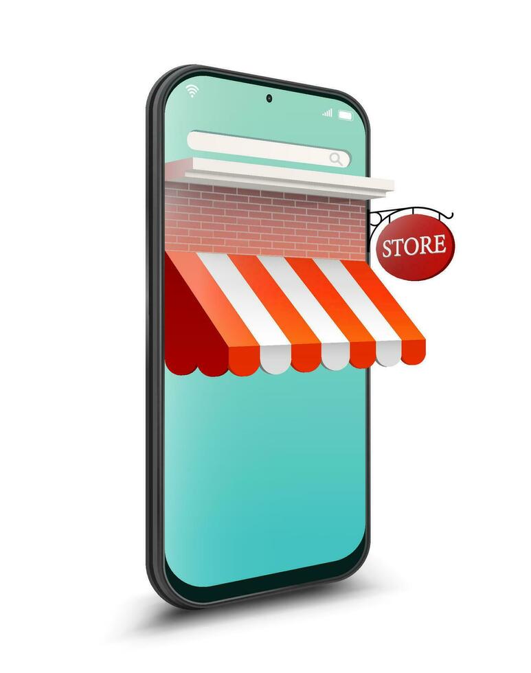 mobile shopping applicazione o sito web concetto. digitale marketing promozione 3d vettore illustrazione con smartphone come il virtuale negozio.