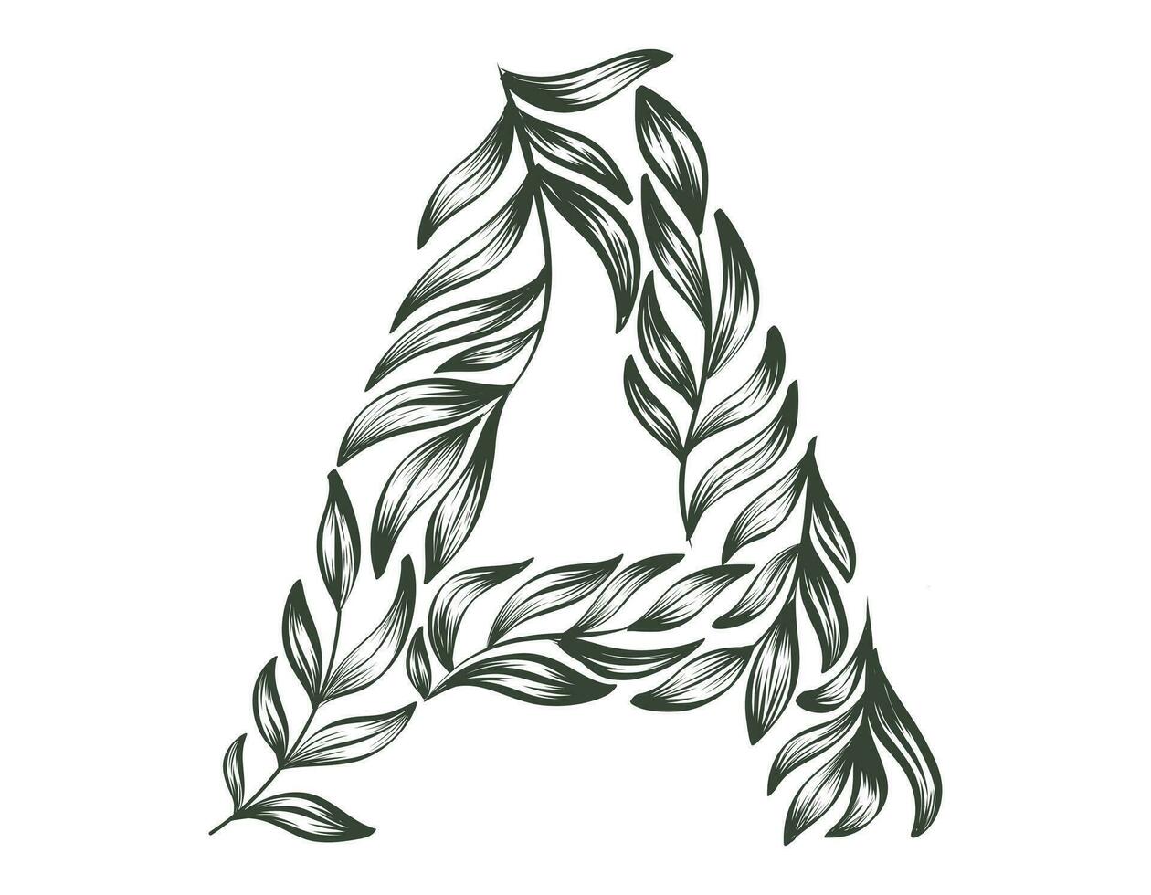 floreale alfabeto. vettore isolato nero e bianca lettera un' decorato con elegante foglie, schizzo stile.