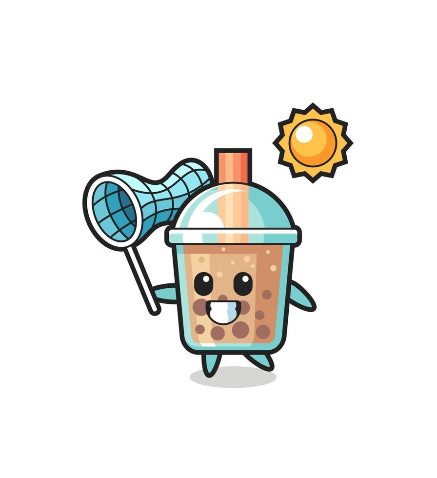 l'illustrazione della mascotte del bubble tea sta catturando la farfalla vettore