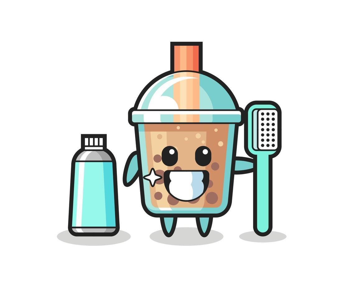 illustrazione mascotte di bubble tea con uno spazzolino da denti vettore