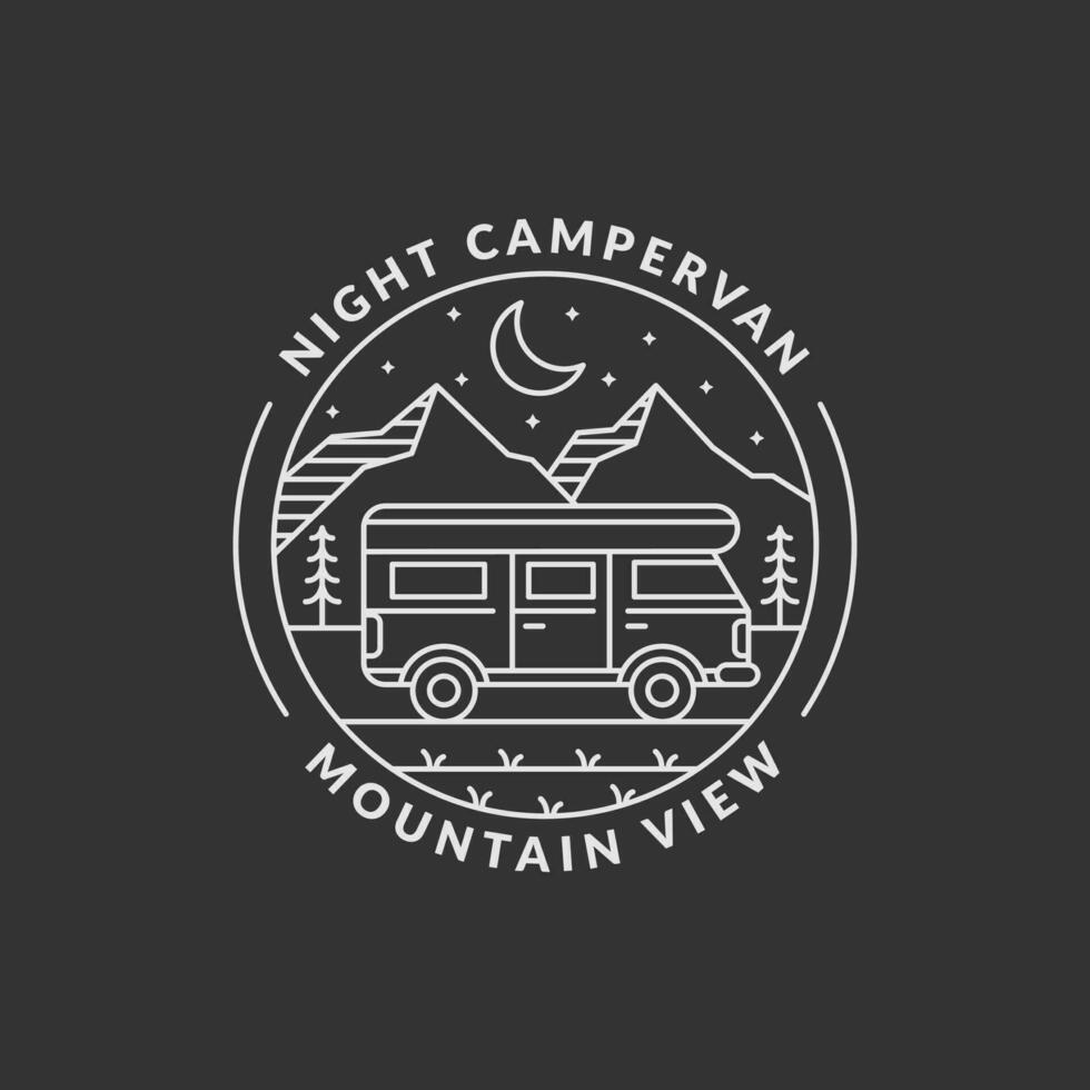 notte montagna e camper distintivo monoline o linea arte stile vettore illustrazione