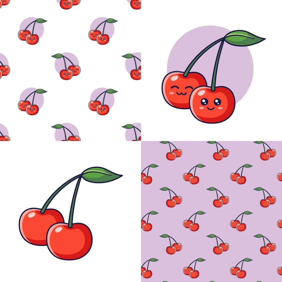 impostato di carino kawaii ciliegia modelli. cibo frutta piatto icona. cartone animato ciliegia senza soluzione di continuità modello, scarabocchio stile. vettore mano disegnato illustrazione. modelli per bambini Abiti. ciliegia modelli collezione