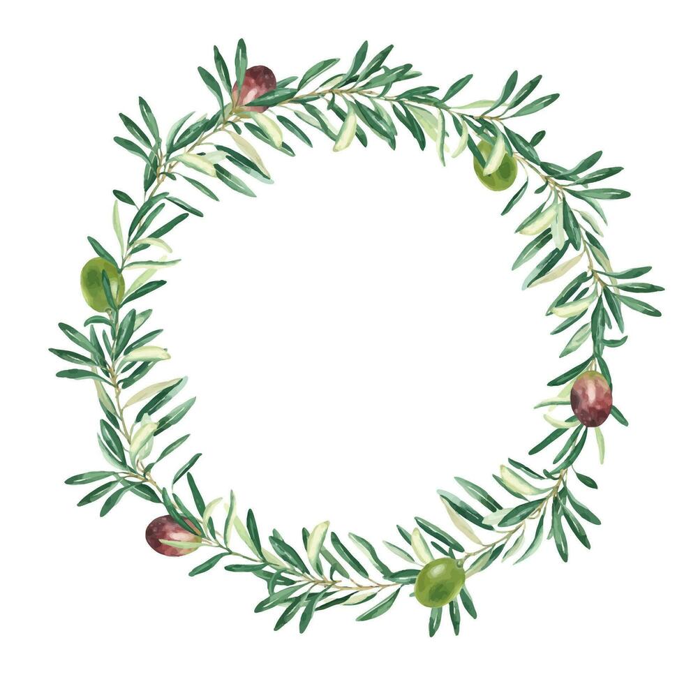 acquerello oliva ghirlanda con verde e rosso olive. mano disegnato botanico illustrazione. può essere Usato per carte, emblema, loghi e cibo design. vettore