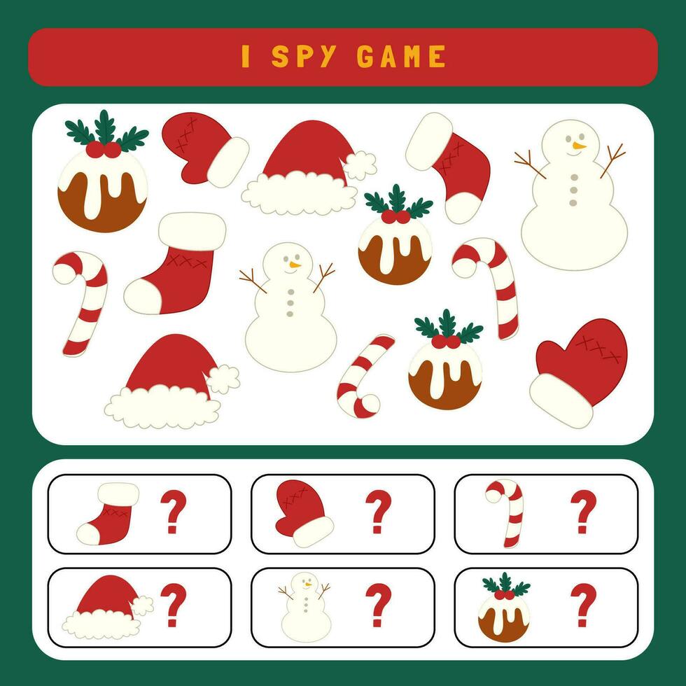 Natale io spiare gioco per bambini. ricerca e conteggio attività per prescolastico bambini con carino Natale oggetti. divertente inverno stampabile foglio di lavoro per bambini. semplice vacanza avvistamento puzzle. vettore