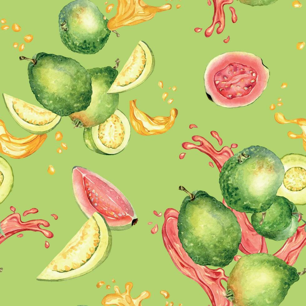 totale guaiave e succo spruzzo acquerello senza soluzione di continuità modello isolato su verde sfondo. tropicale frutta, rosso macchiare, far cadere guajava mano disegnato. design per avvolgere, confezione, tessile, sfondo, tessuto vettore