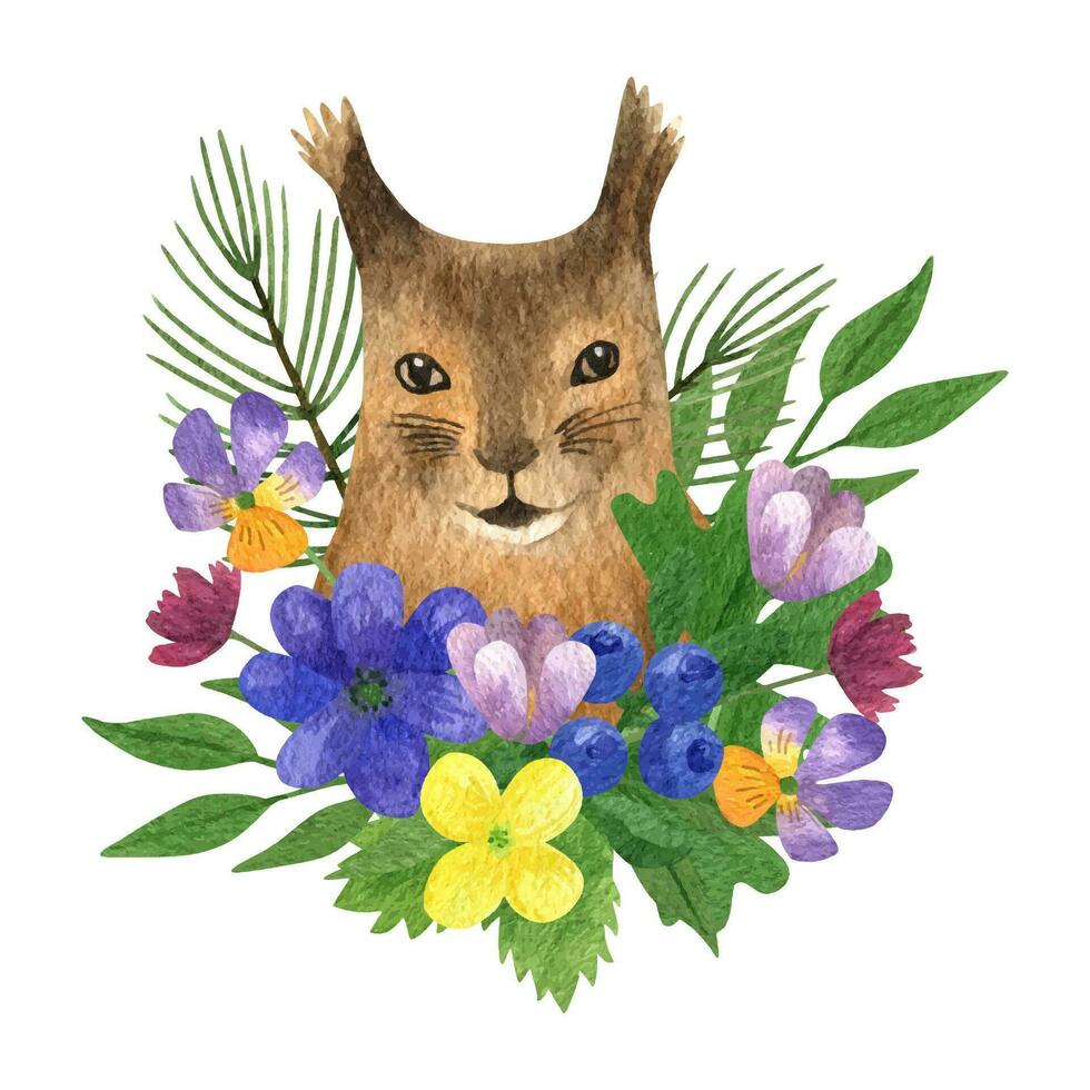 mano disegnato acquerello rosso scoiattolo. realistico foresta animale con fiori selvatici preparativi vettore