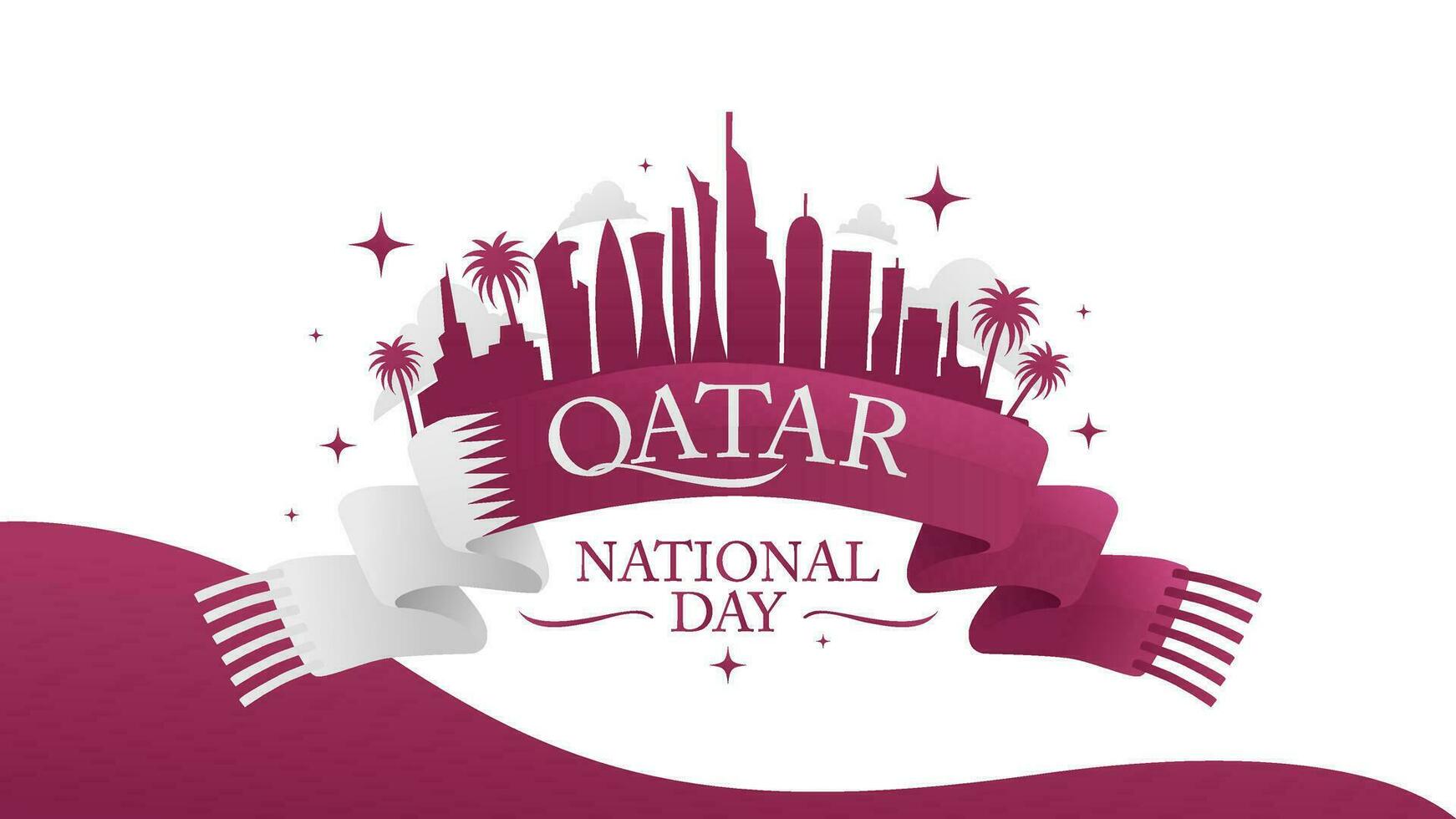 Qatar nazionale giorno bandiera con città punti di riferimento silhouette e sciarpa titolo vettore
