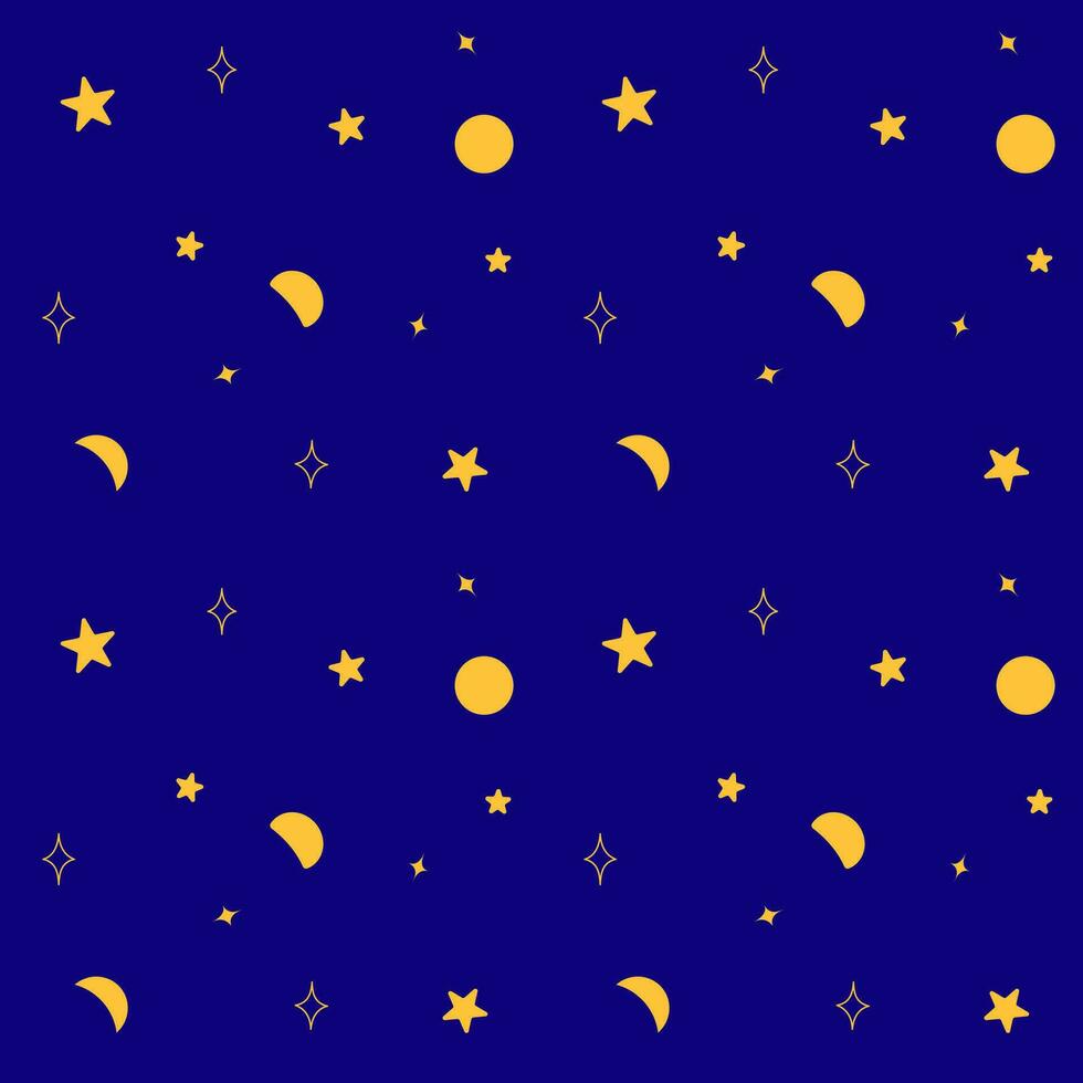 senza soluzione di continuità modello di notte cielo, Luna, stelle nel blu sfondo, per disegno, carta avvolgere, minimo stile vettore