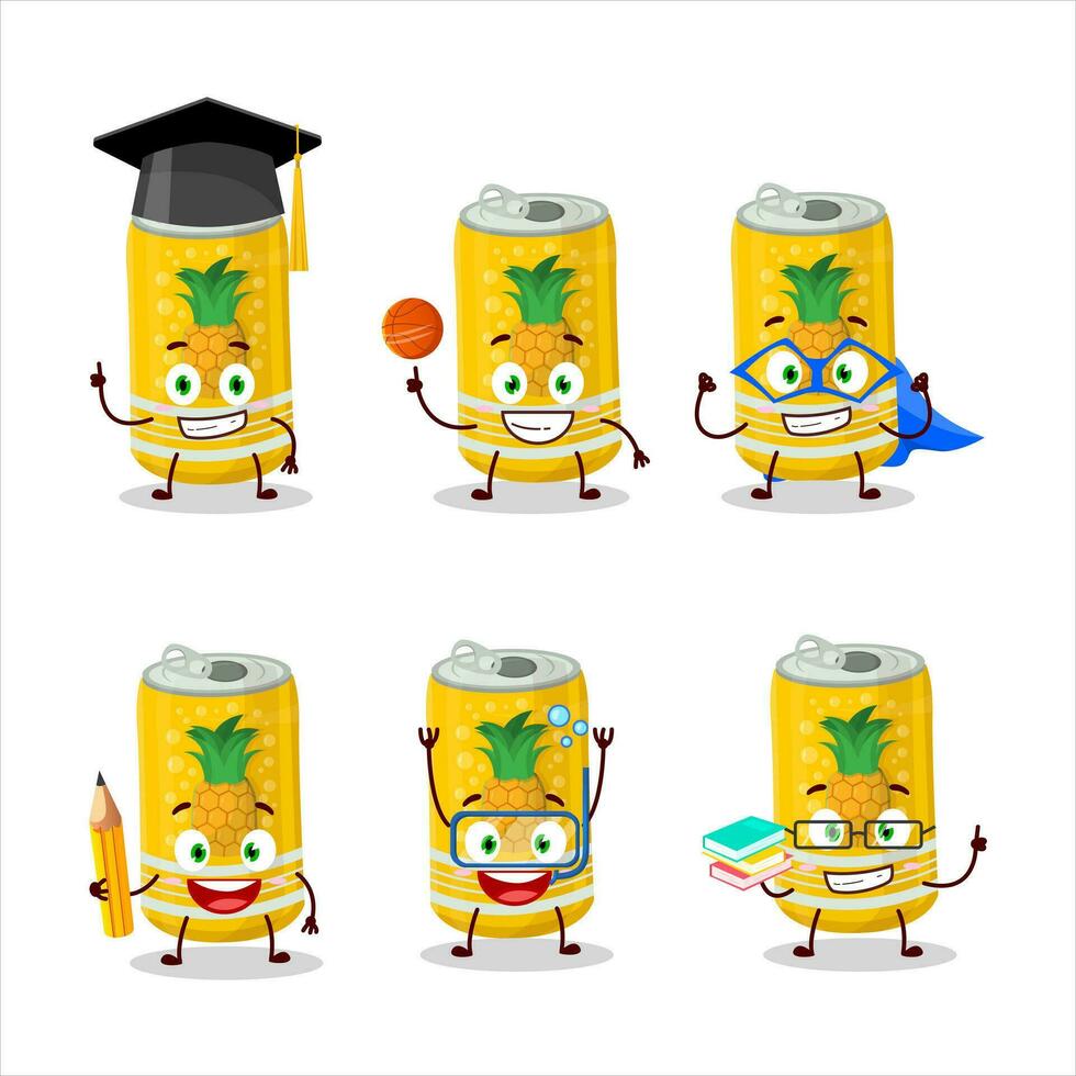 scuola alunno di ananas bibita può cartone animato personaggio con vario espressioni vettore