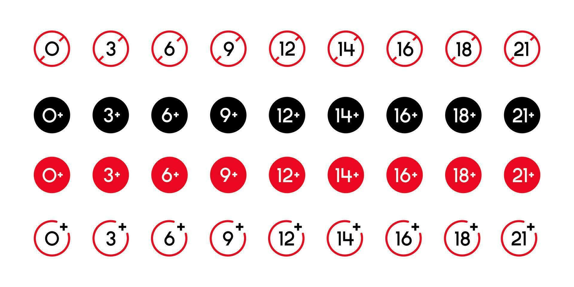 avvisi sotto età, rosso e nero bianca distintivi. adulto soddisfare età solo. impostato di età restrizione segni. marchio il età limite. illustrazione vettore