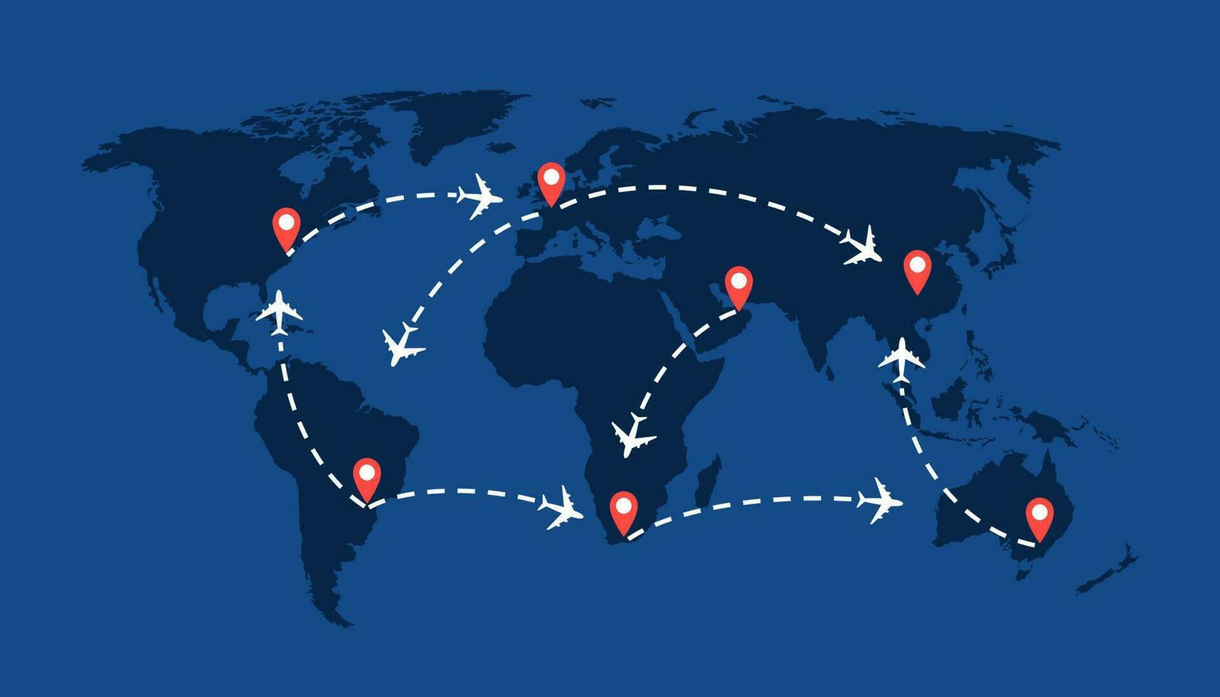 mondo viaggio carta geografica con aeroplani, volo itinerari e perni marcatore. vettore illustrazione.