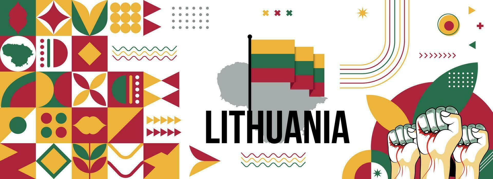Lituania nazionale o indipendenza giorno bandiera per nazione celebrazione. bandiera e carta geografica di Lituania con sollevato pugni. moderno retrò design con typorgaphy astratto geometrico icone. vettore illustrazione.