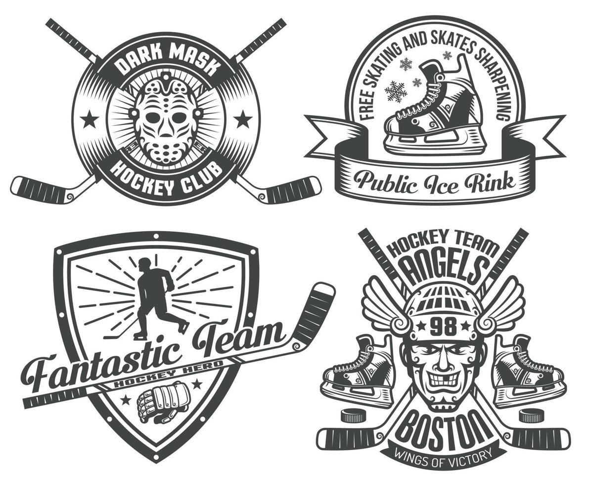 tatuaggi e loghi da hockey con bastoni, rondelle, guanti da pattini vettore