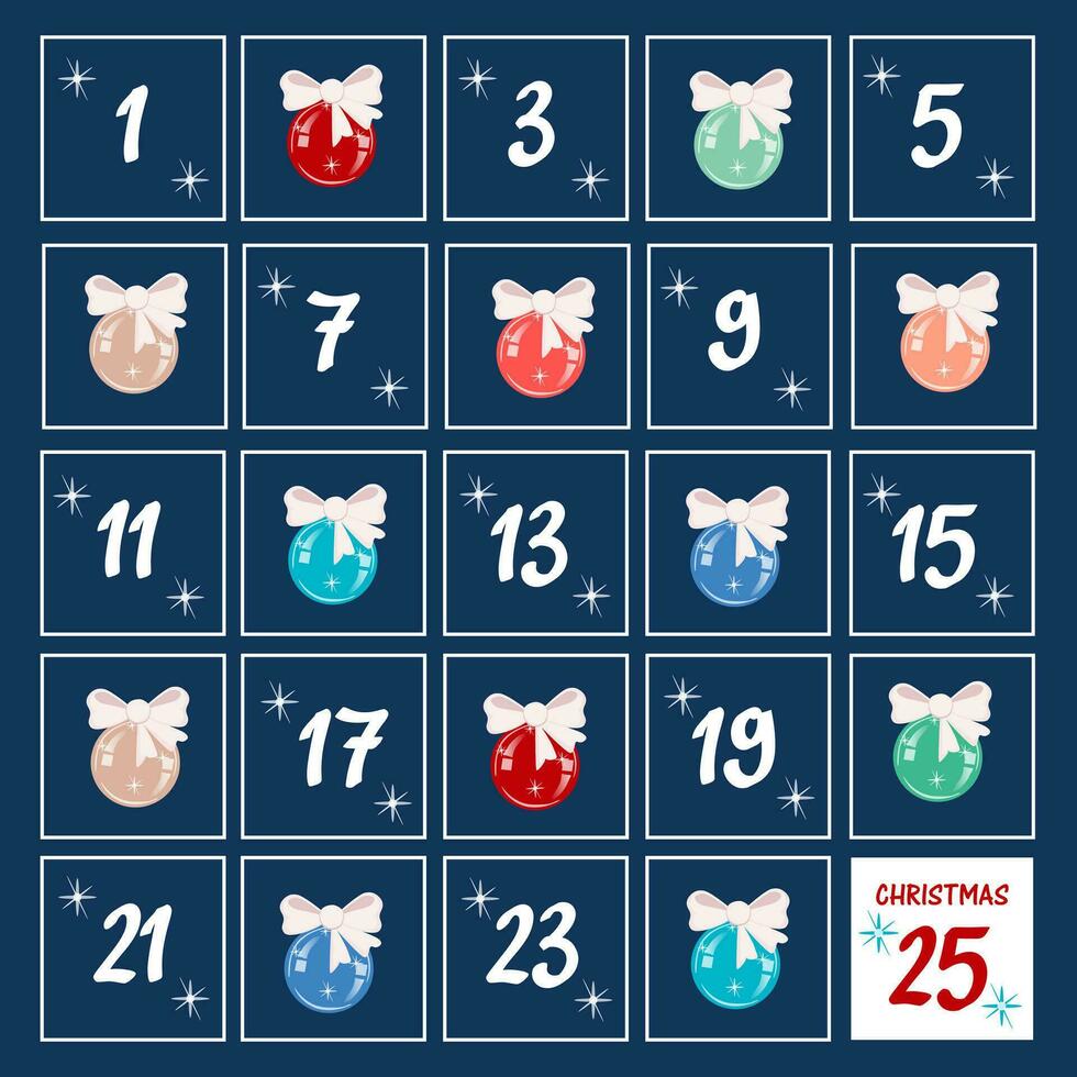 piazza Avvento calendario con numeri e Natale palle su un' blu sfondo. modello per Stampa e ragnatela design vettore