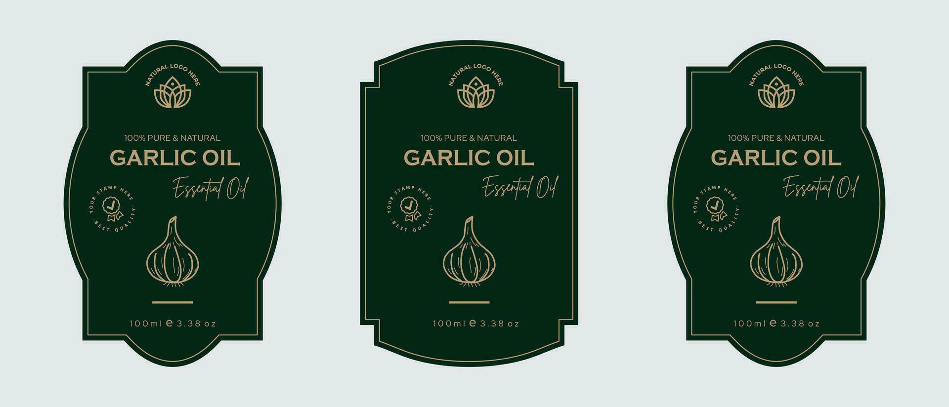 aglio olio etichetta design pelle cura olio etichetta design e bellezza prodotti, erbaceo ingredienti. aglio etichette con schizzi, e pacchetto emblema. verde oro premio vettore illustrazione.