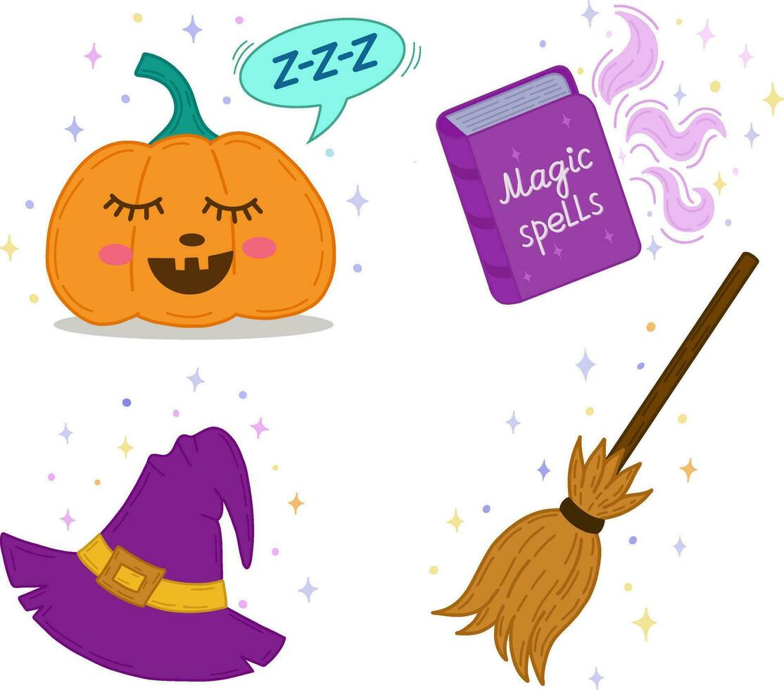 un' impostato di elementi per Halloween un' zucca, un' libro di incantesimi, un' strega è cappello e un' scopa. vettore è un' carino illustrazione nel un' disegnato a mano stile. un' impostato per Halloween.