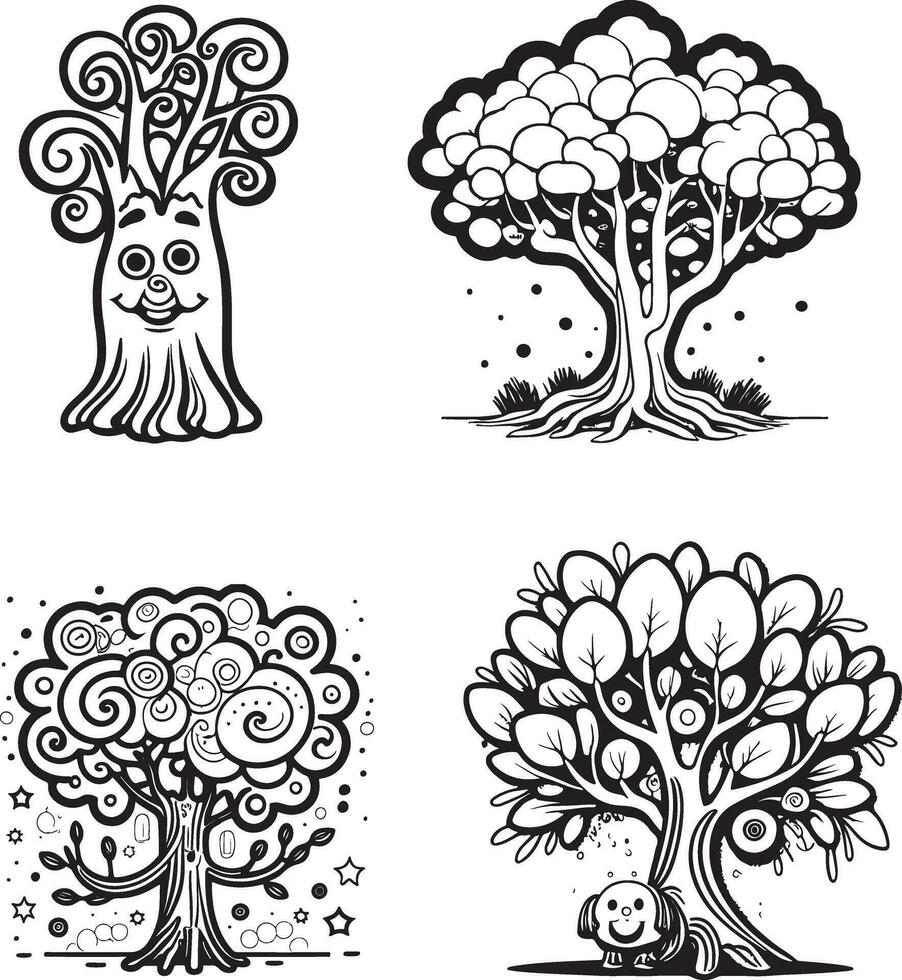 4albero cartone animato colorazione pagina illustrazione vettore. per bambini colorazione libro. vettore