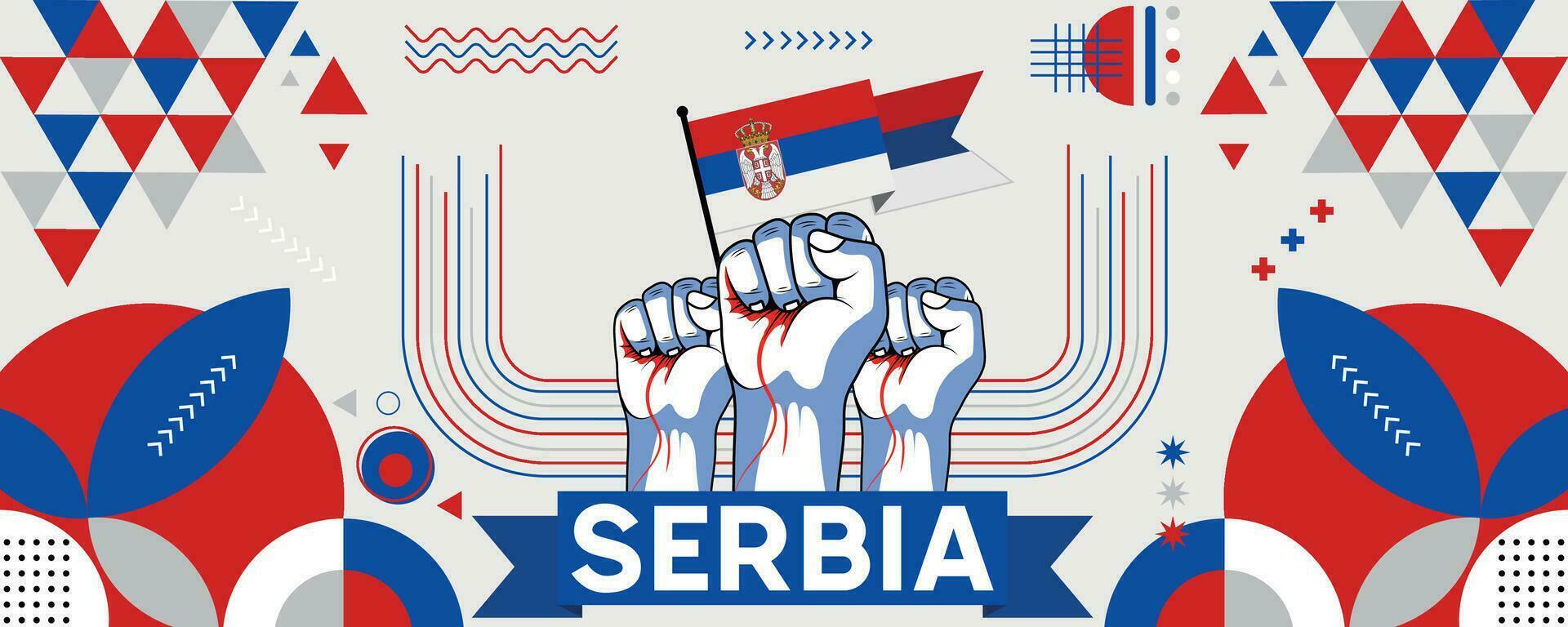 Serbia nazionale o indipendenza giorno bandiera design per nazione celebrazione. bandiera di Serbia con sollevato pugni. moderno retrò design con astratto geometrico icone. vettore illustrazione.