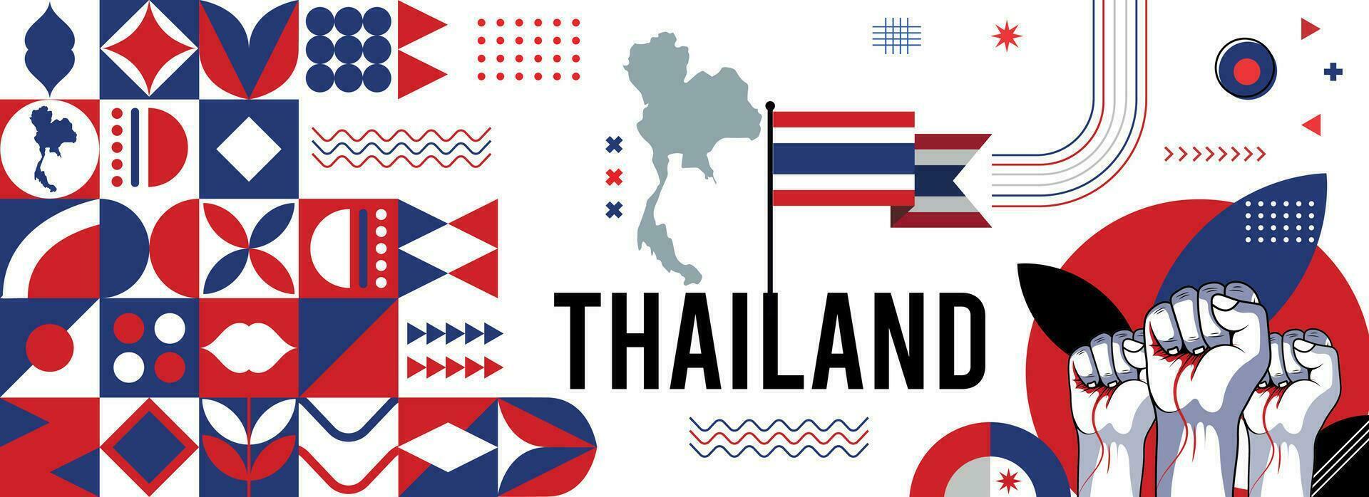 Tailandia nazionale giorno bandiera con astratto moderno design. bandiera e carta geografica di Tailandia con tipografia rosso blu colore tema sfondo vettore