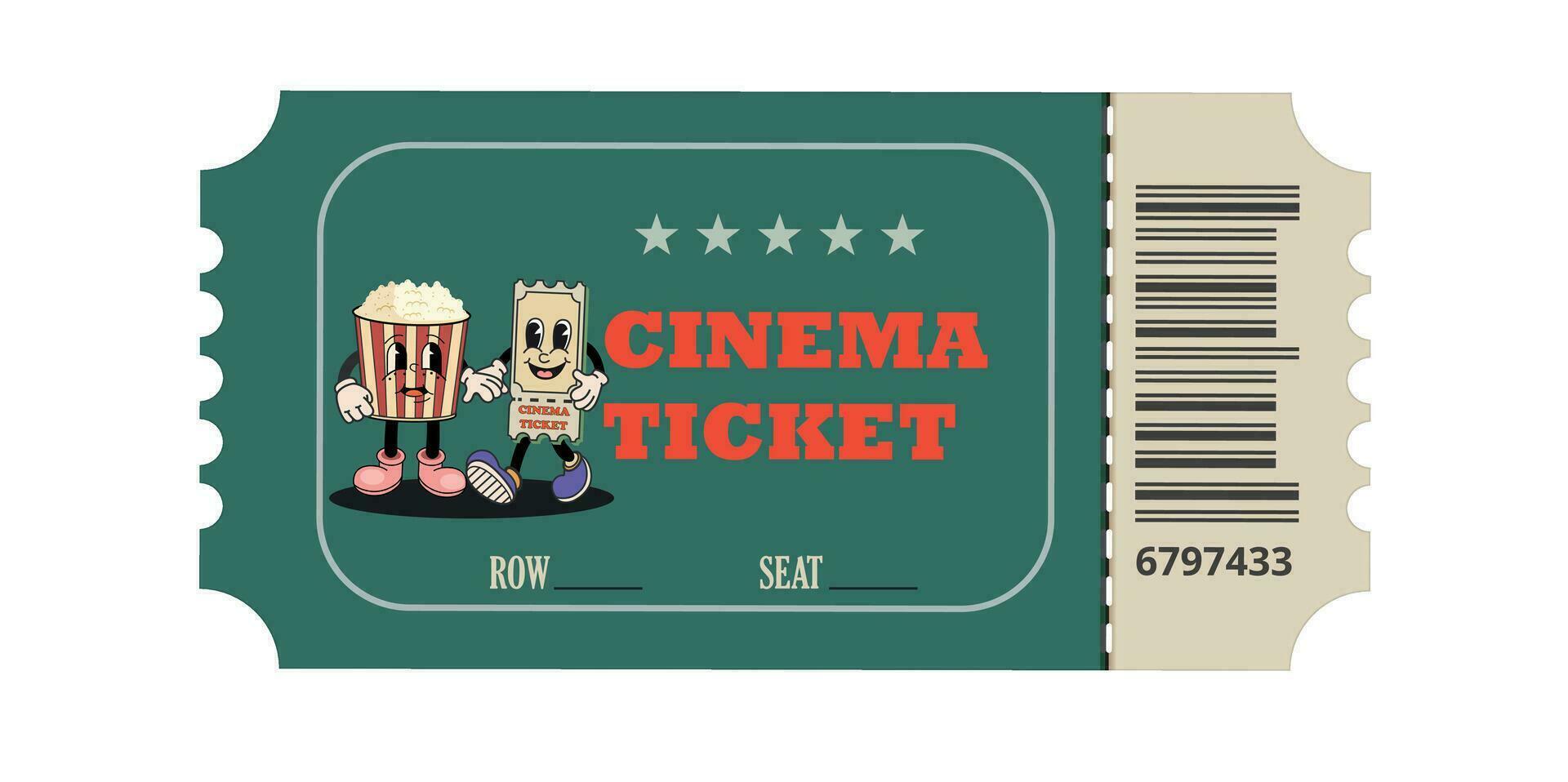 retrò cinema biglietto. Groovy cinema biglietto con carino Popcorn e biglietto carattere. vettore illustrazione