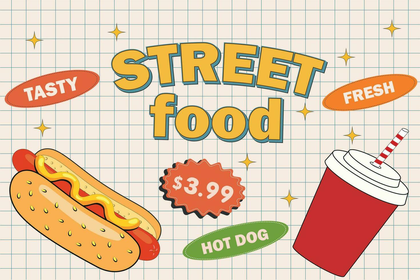 retrò cartone animato divertente veloce cibo personaggio manifesti. Vintage ▾ strada cibo caldo cane portafortuna vettore illustrazione per caffetteria, ristorante, bar. nostalgia anni '60, anni '70, anni 80