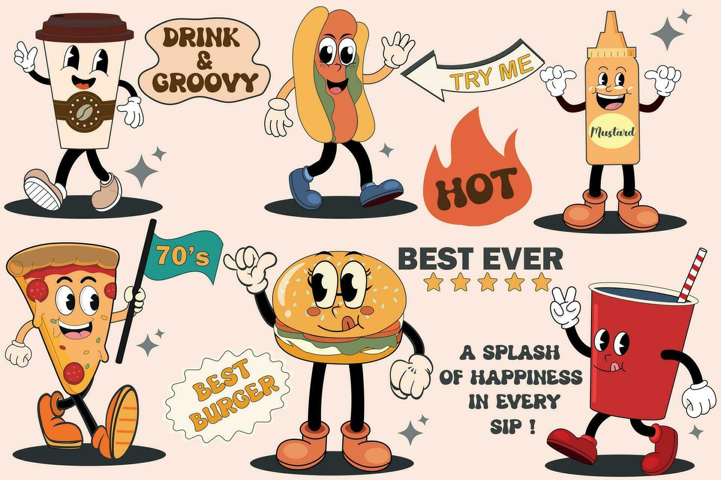 colorato retrò cartone animato veloce cibo e asporto personaggi impostato con caldo cane, ciambella, hamburger, Popcorn, bibita, limonata Groovy mascotte. 70s anni 80 vettore illustrazione isolato su bianca