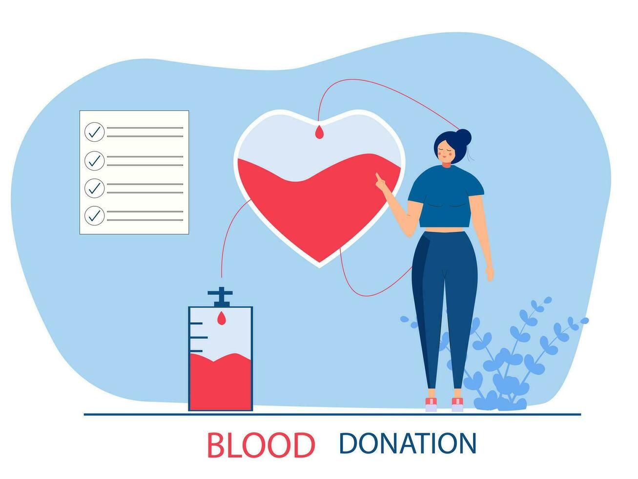 volontario donna la donazione sangue vicino cuore. donatore. concetto di donazione, beneficenza, mondo sangue donatore giorno, Salute cura. vettore illustrazione nel piatto design per sfondo, striscione, carta