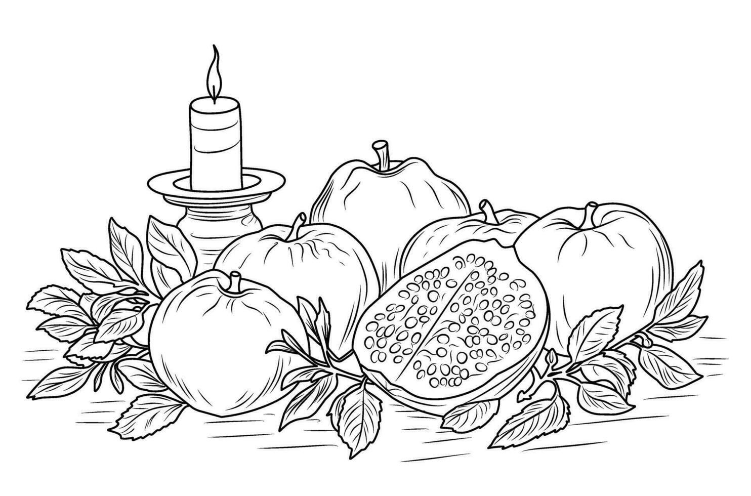 tavolo con mele, melograni e candele.ebraiche nuovo anno.shana tova.simple linea illustrazione per colorazione Rosh hashanah.colorazione pagina. vettore
