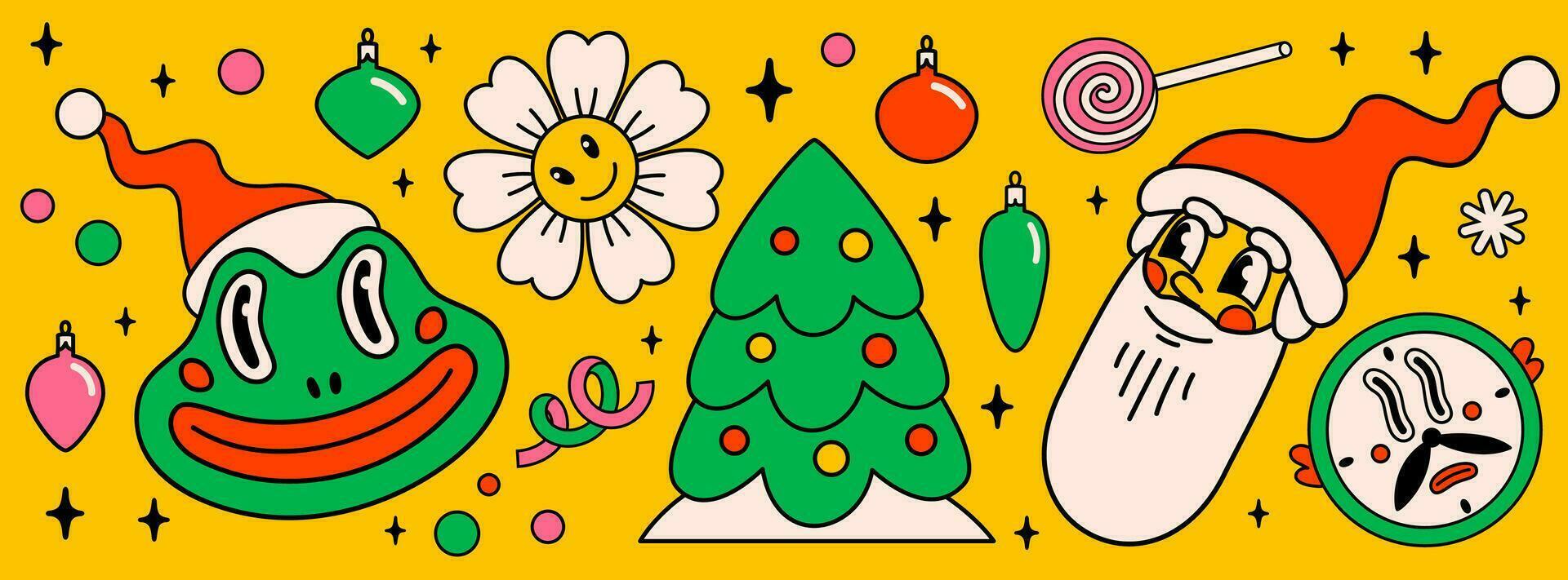 allegro Natale e contento nuovo anno imballare di di moda retrò cartone animato personaggi. Groovy hippie Natale adesivi con Santa claus, Natale albero, rana e inverno oggetti. vettore cartone animato
