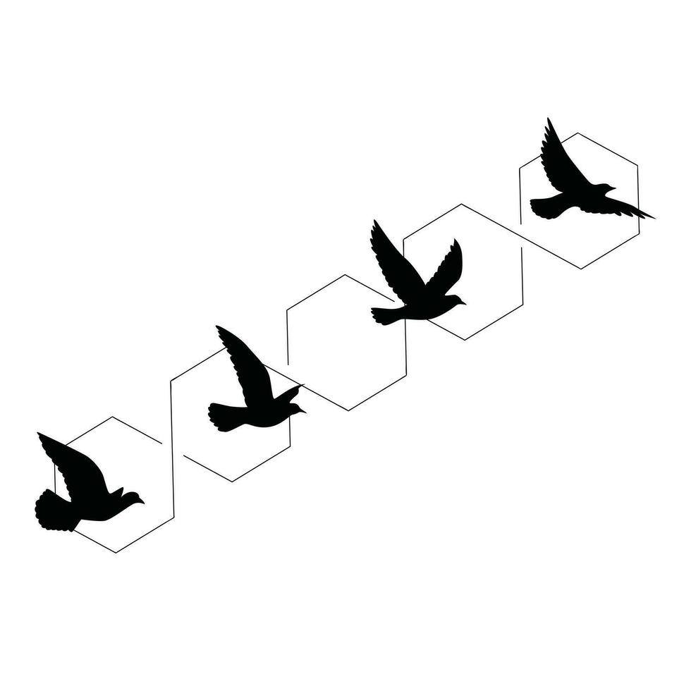 carta da parati del modello delle siluette degli uccelli volanti. illustrazione vettoriale. uccello isolato in volo. disegno del tatuaggio. modello per carta, pacchetto e sfondo. vettore