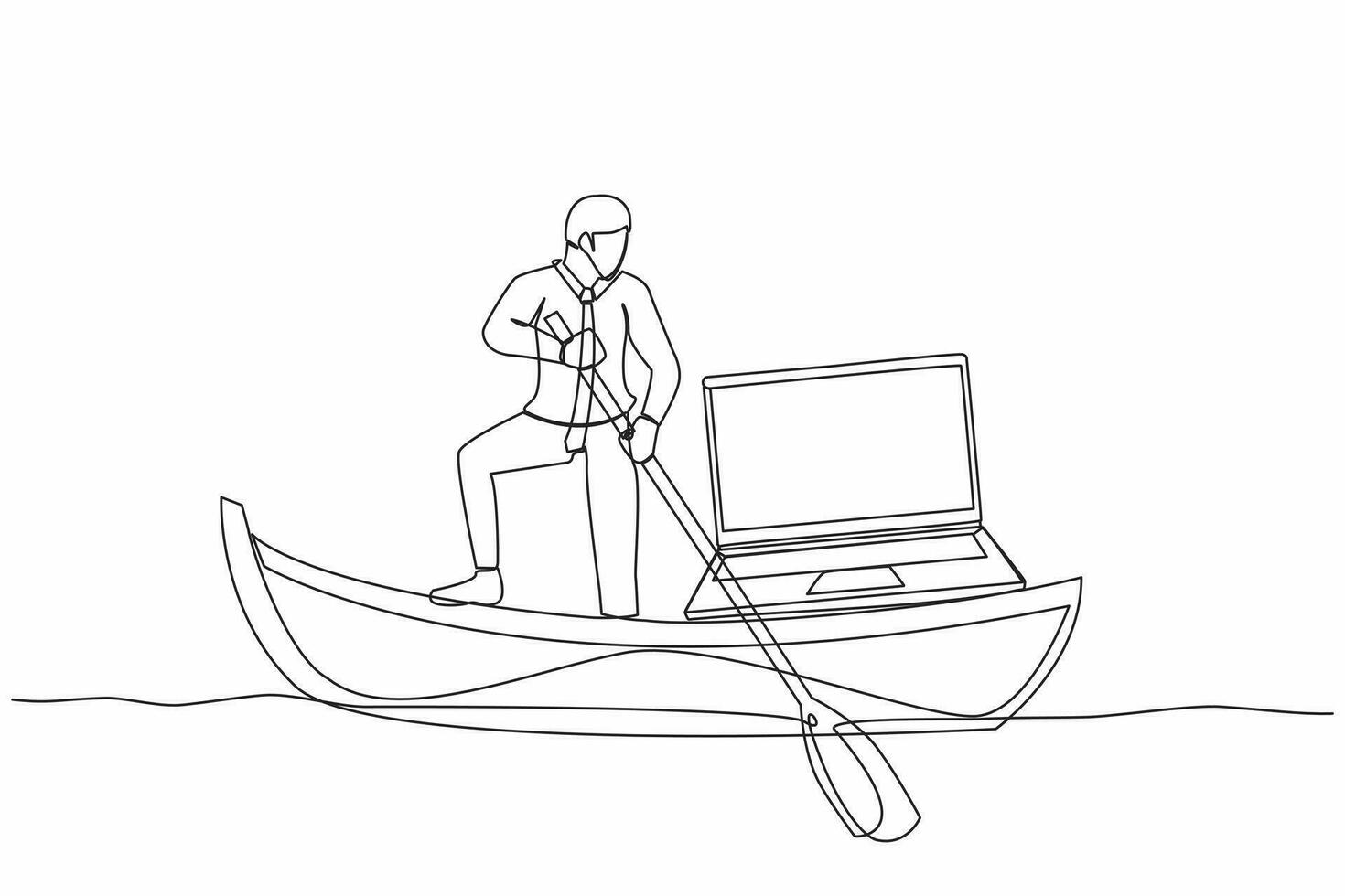 singolo continuo linea disegno uomo d'affari in piedi nel barca e andare in barca con il computer portatile computer. contento lavoratore come un' libero professionista o creativo gestore. a distanza opera. uno linea grafico design vettore illustrazione