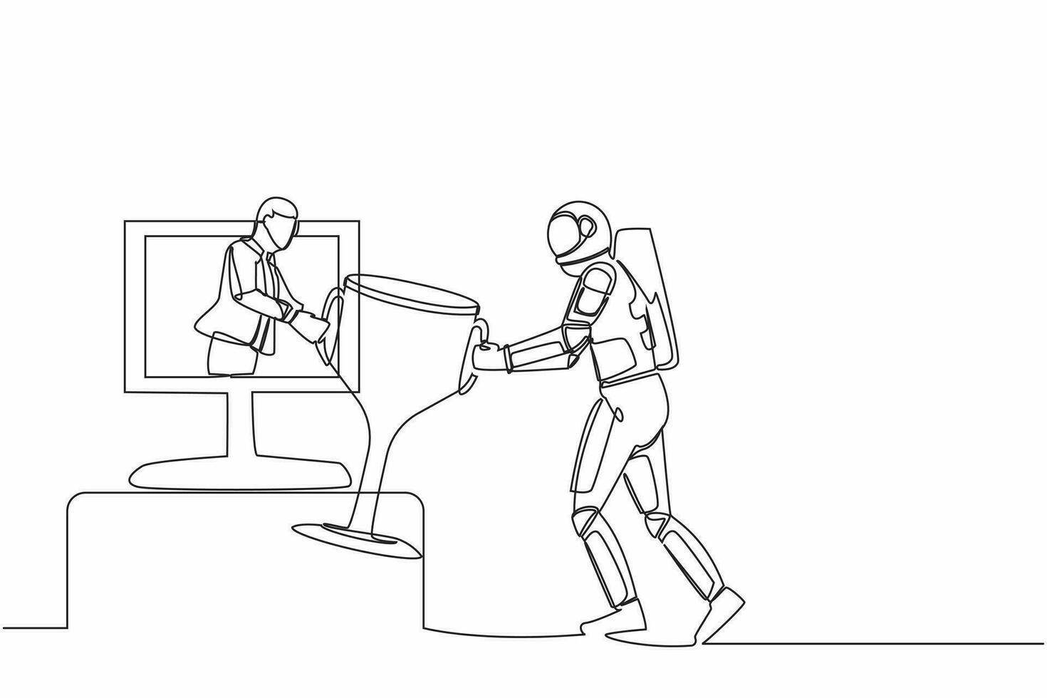 singolo uno linea disegno di astronauta ottenere trofeo a partire dal persona su tenere sotto controllo schermo. premio nel interstellare spedizione in linea concorrenza. cosmico galassia spazio. continuo linea disegnare design vettore illustrazione