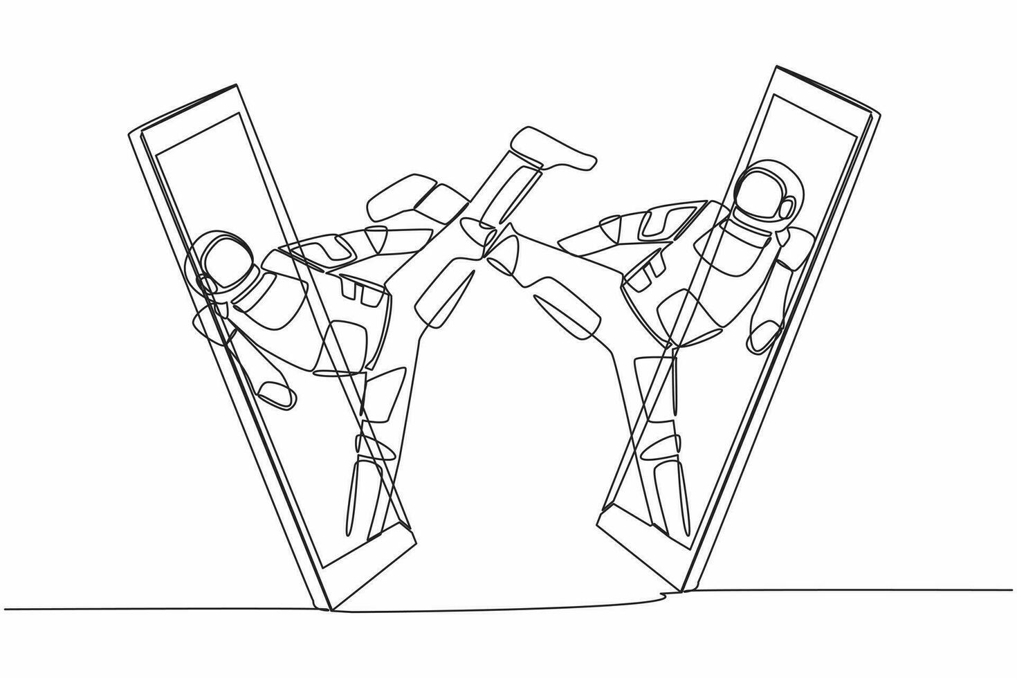 singolo uno linea disegno Due giovane astronauta karatè combattente arriva su a partire dal smartphone pronto per combattimento nel Luna superficie. cosmico galassia spazio. moderno continuo linea disegnare grafico design vettore illustrazione