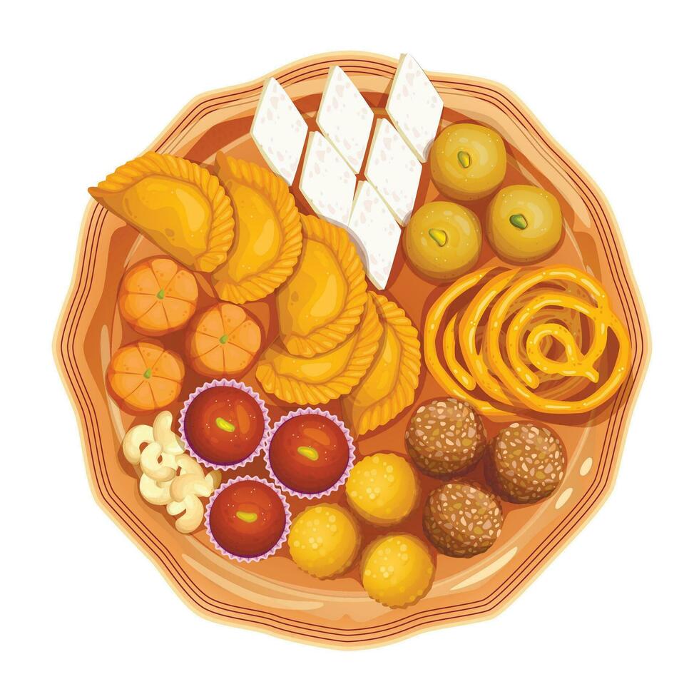 indiano dolci servito nel piatto. varietà di Peda, Burfi, laddu nel decorativo piatto vettore illustrazione isolato su bianca sfondo