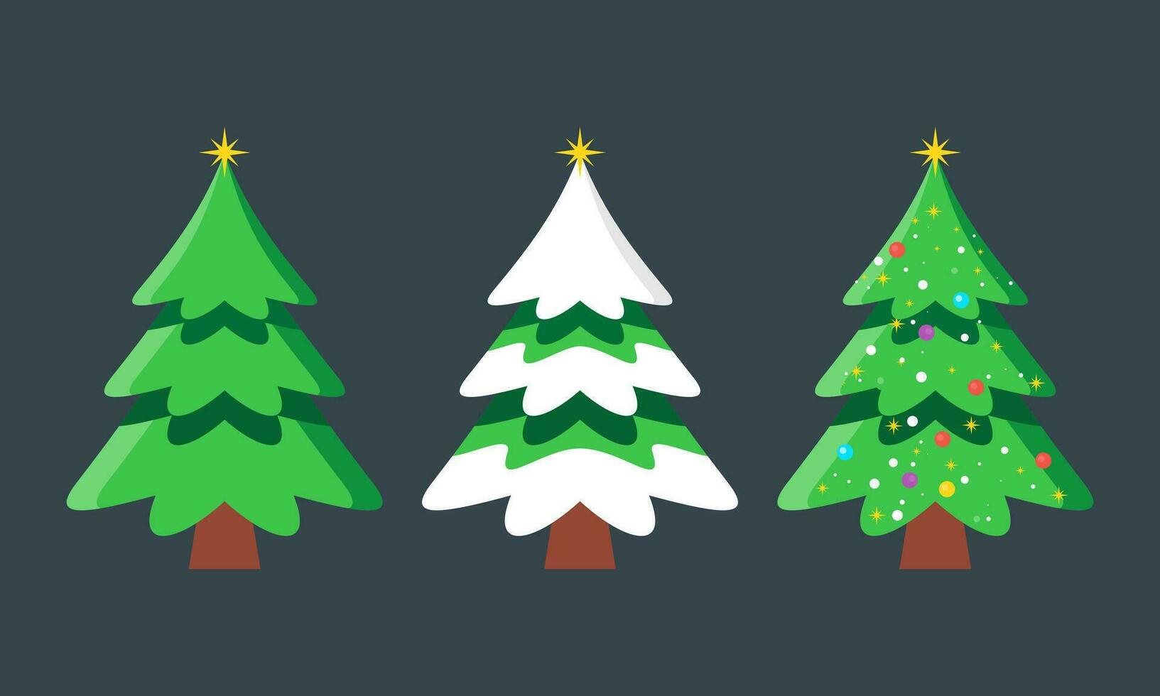 cartone animato decorato Natale alberi collezione con palle, stelle, e ghirlanda abete alberi illustrazione vettore