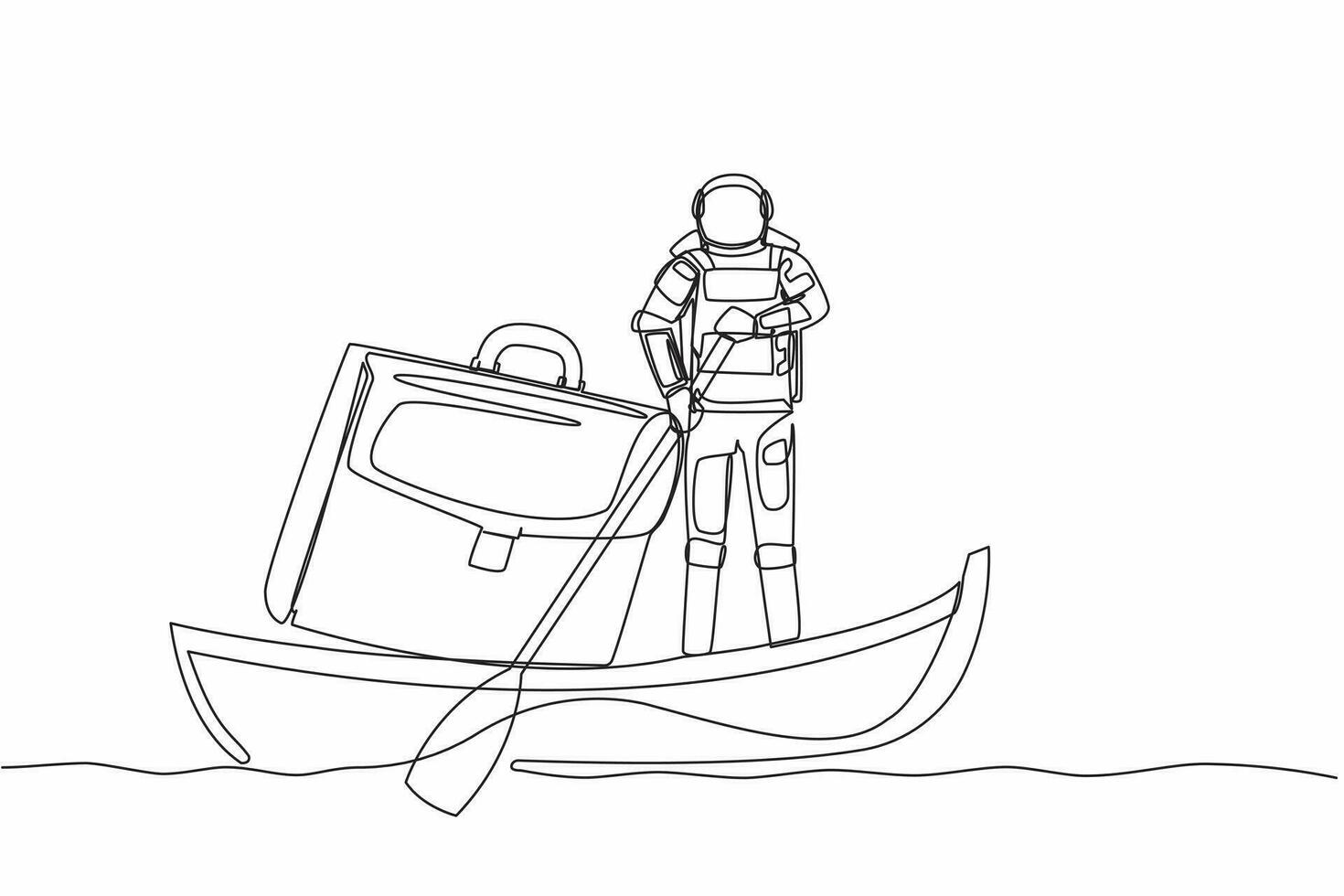continuo uno linea disegno giovane astronauta andare in barca lontano su barca con valigetta. segreto documento Conservazione nel spazio missioni. cosmonauta esterno spazio. singolo linea disegnare design vettore grafico illustrazione