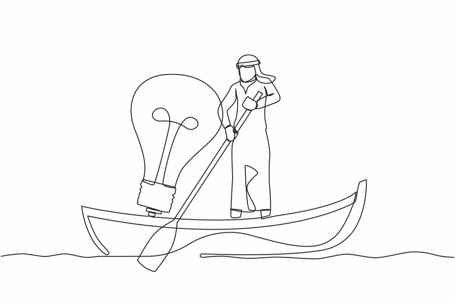 continuo uno linea disegno arabo uomo d'affari andare in barca lontano su barca con leggero lampadina. successo attività commerciale idea, visione, e innovazione per meglio azienda. singolo linea disegnare design vettore grafico illustrazione