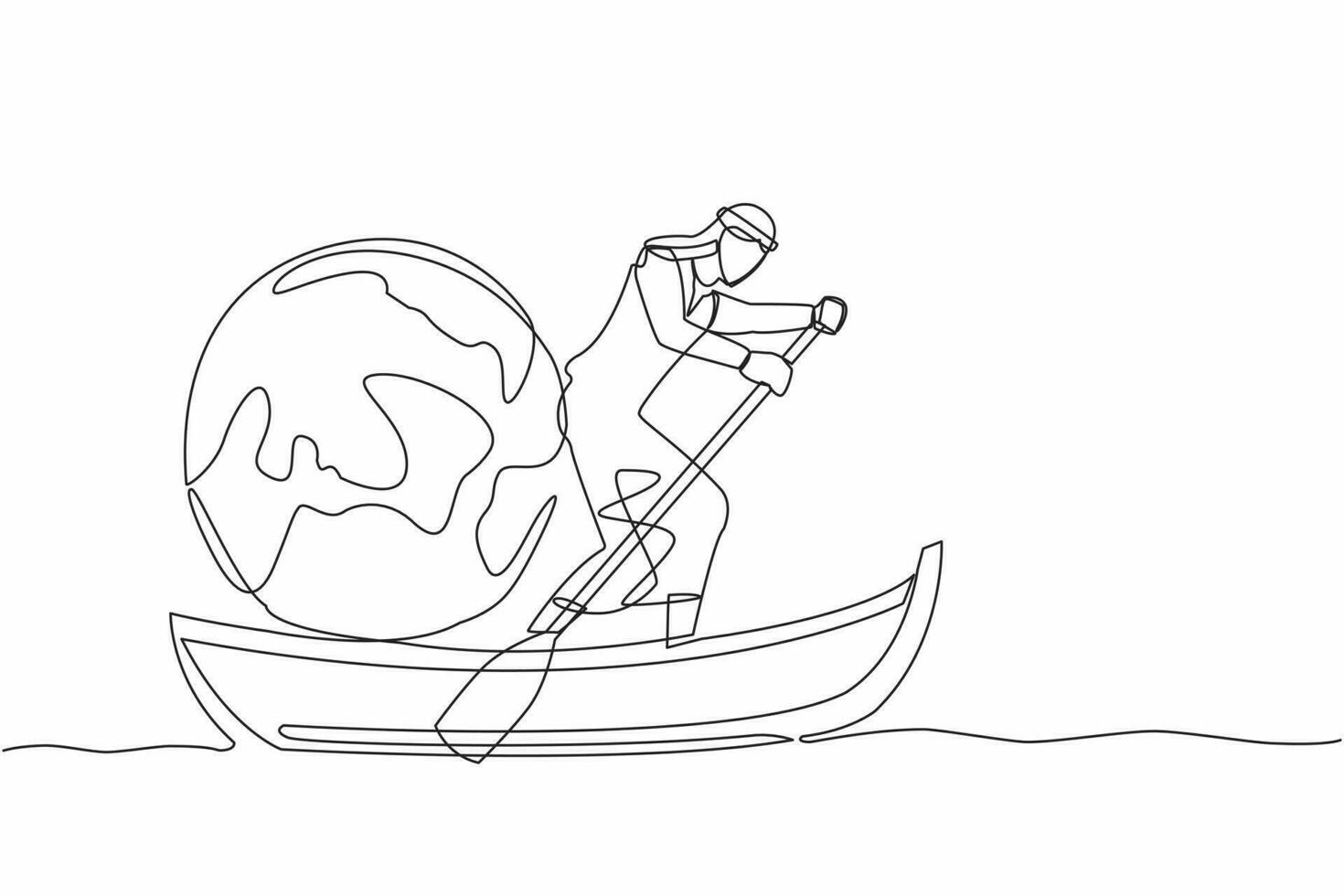 continuo uno linea disegno di arabo uomo d'affari andare in barca lontano su barca con globo. turismo o attività commerciale viaggio concetto. ufficio lavoratore prendere vacanza viaggio. singolo linea design vettore grafico illustrazione