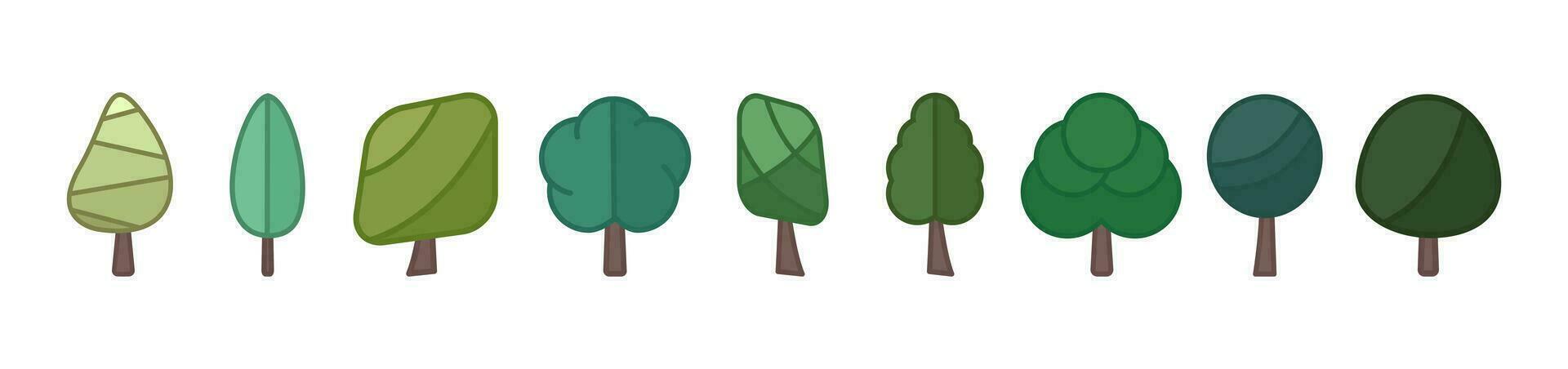 impostato carino alberi isolato su bianca sfondo. cartone animato stile. per logo, icona, invito, saluto carta. vettore illustrazione isolato su bianca sfondo.